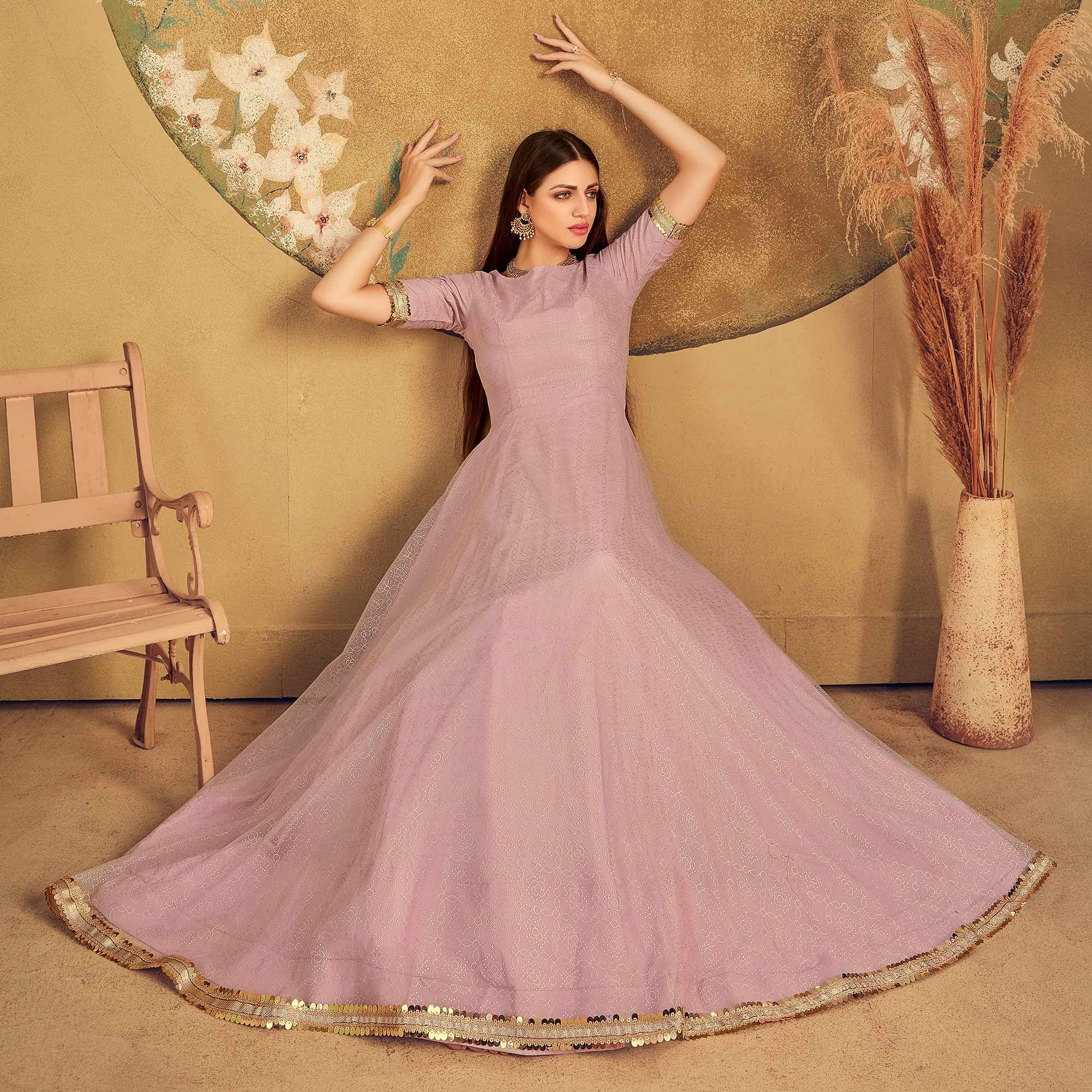 Peachmode Light Pink Partywear Wear Foil Work Net Gown - view 4