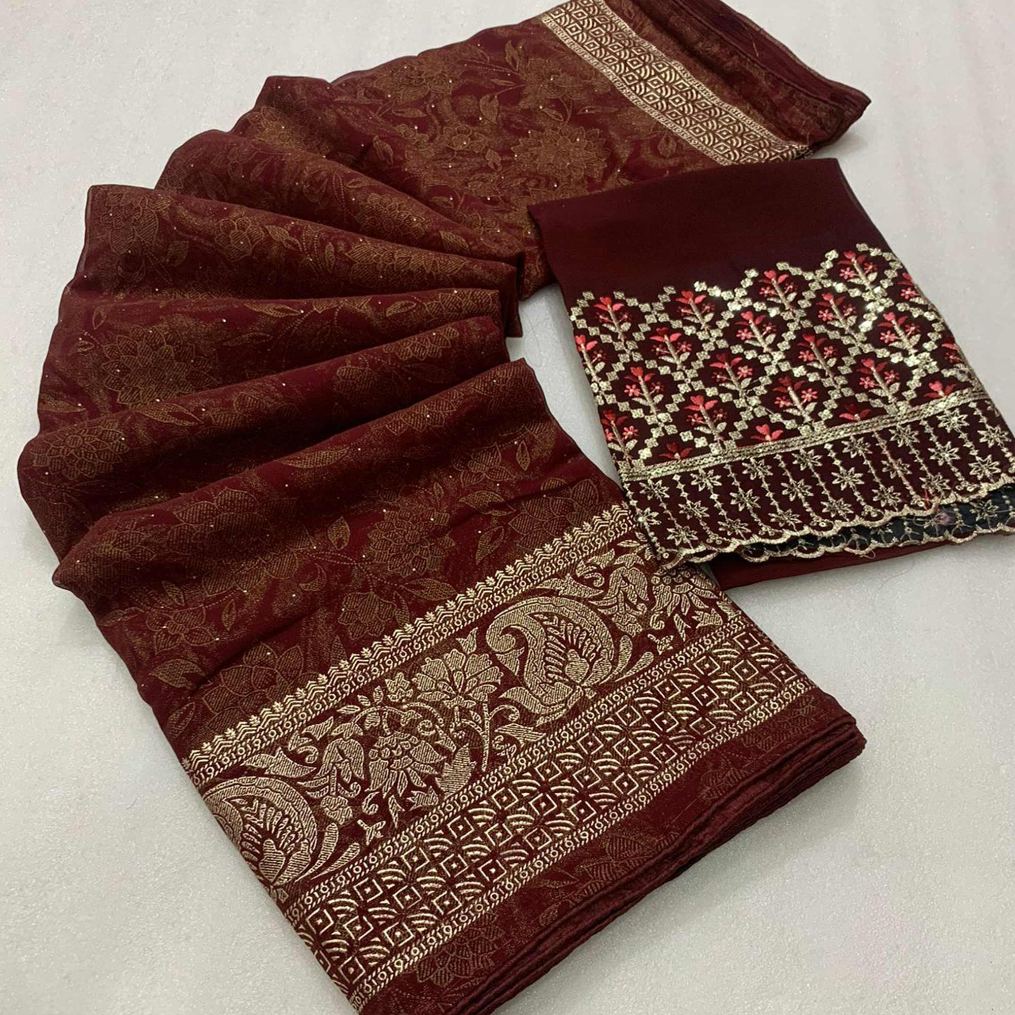 Peachmode Maroon Floral Foil Printed Georgette Saree With Tassels