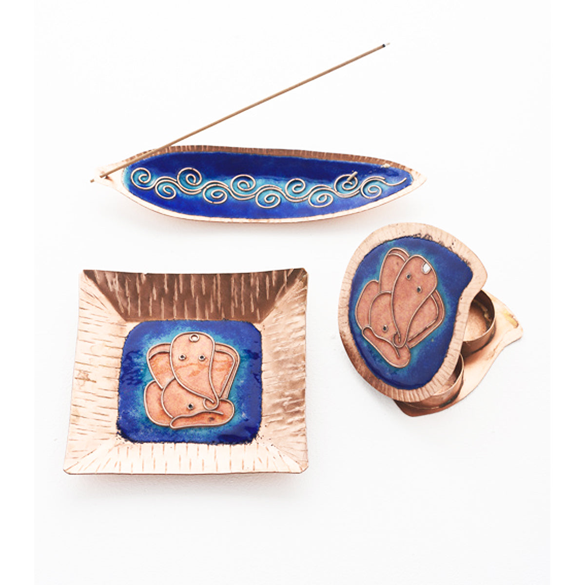 Ganesha plate kumkum – A Ganesha Plate, Kumkum and Agarbatti Holder Set in Copper Enamel by Ekibeki - Blue