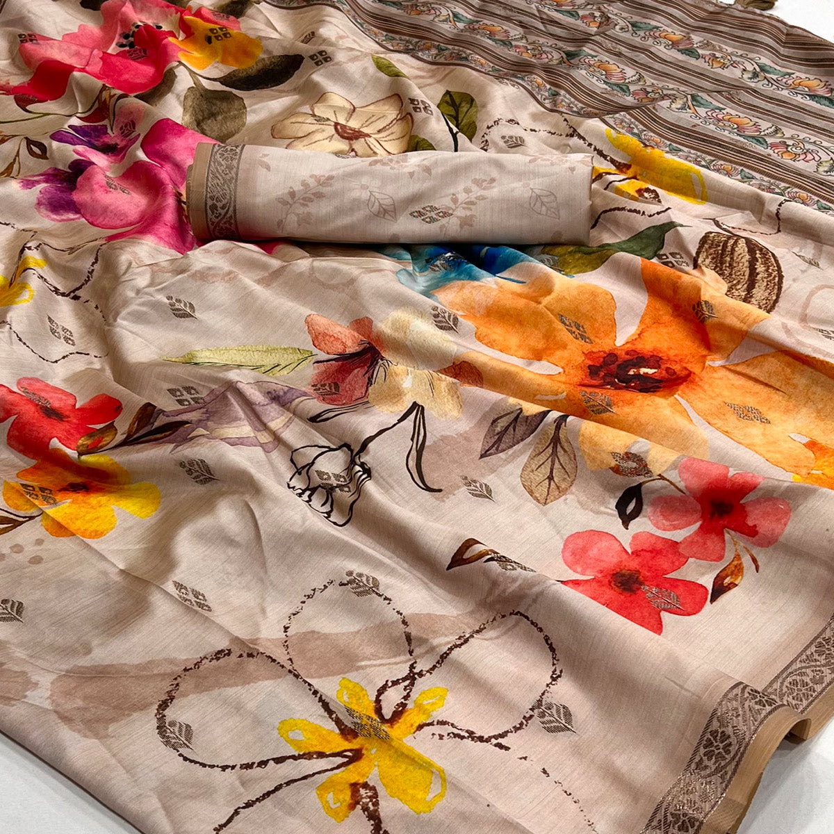 Peachmode Chikoo Floral Digital Printed Cotton Silk Saree With Zari Border - view 2