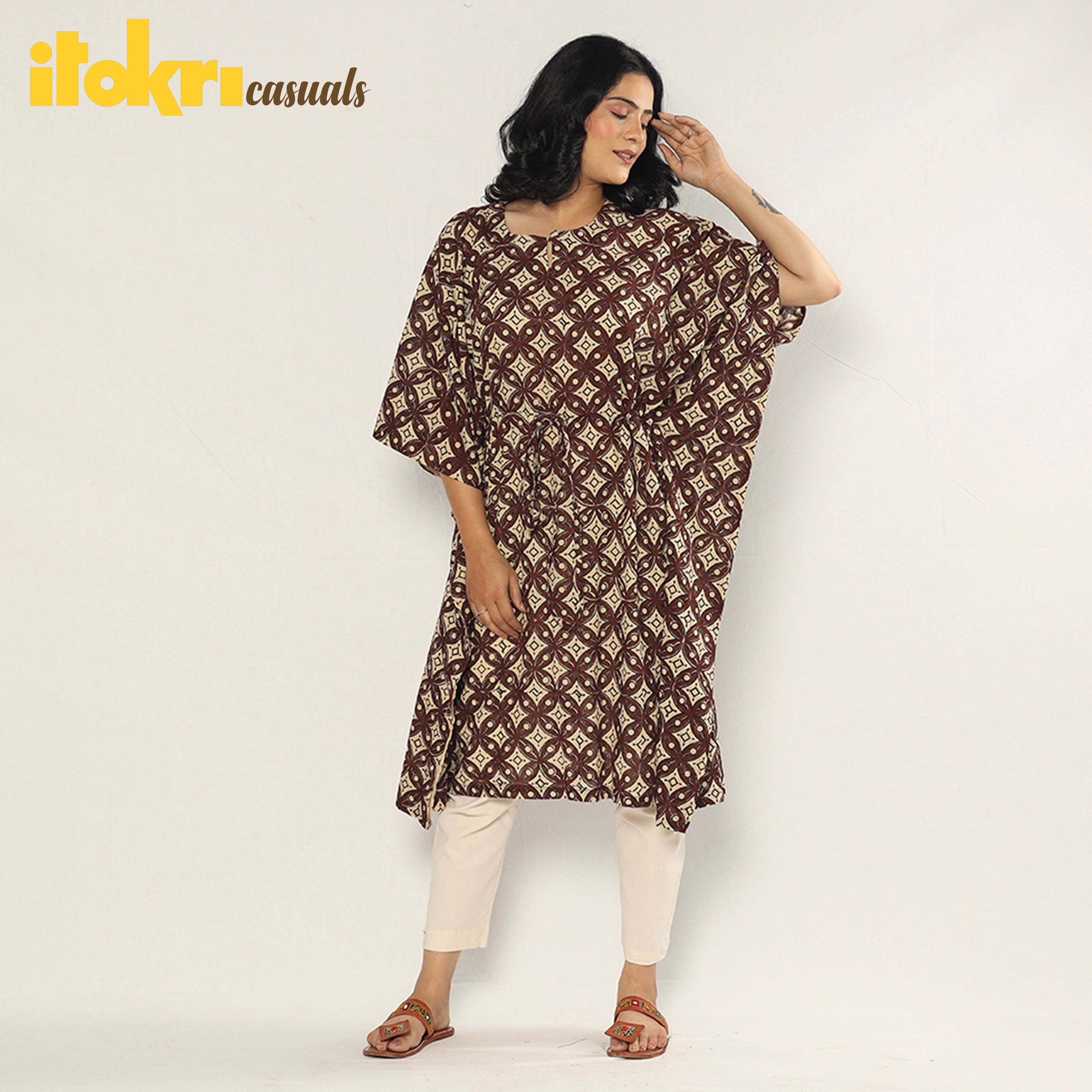 ITOKRI CASUALS Brown - Bagru Dabu Block Printing Cotton Kaftan Dress (Medium) - view 2