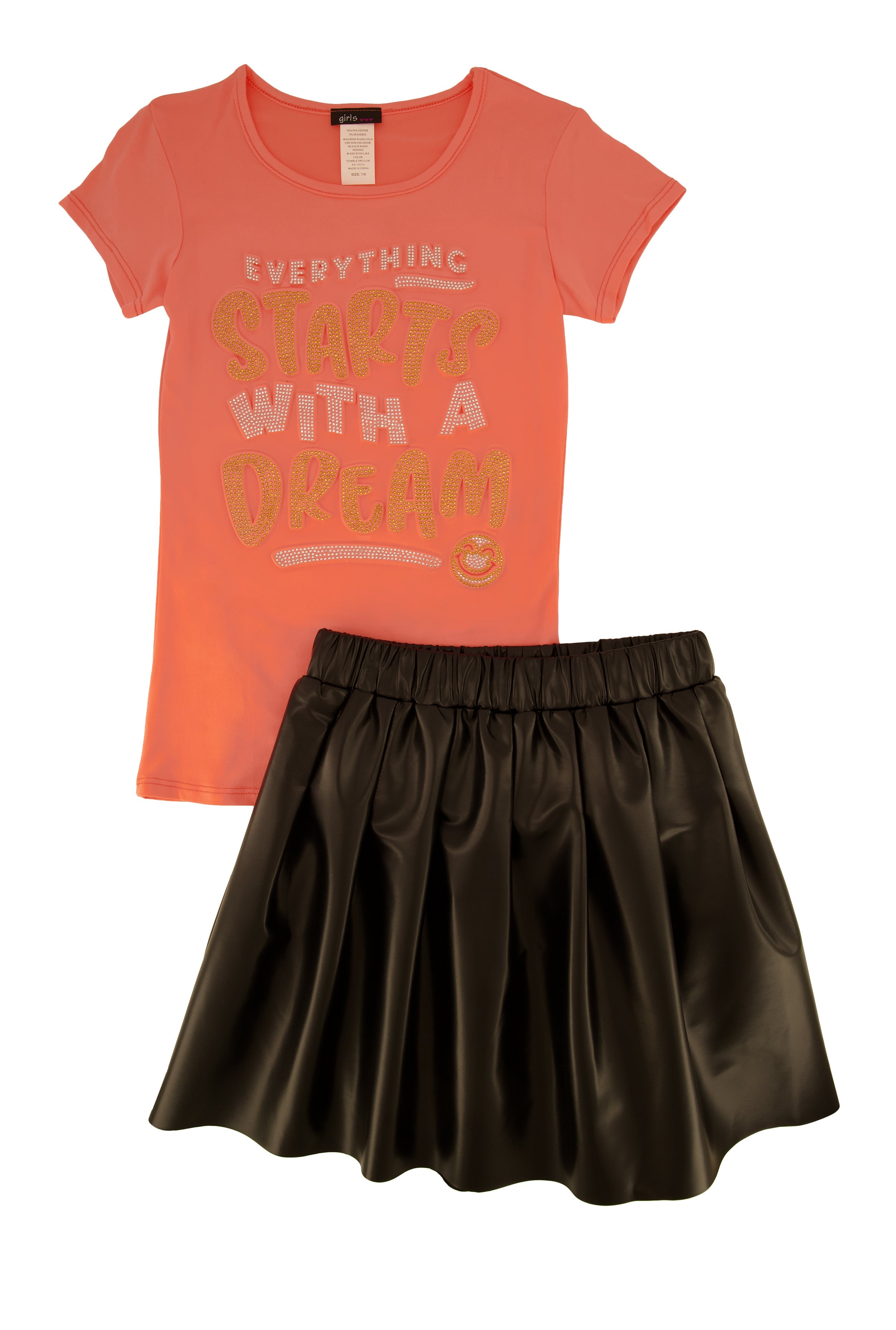 Rainbow Shops Girls Dream Graphic Top and Faux Leather Pleated Skort