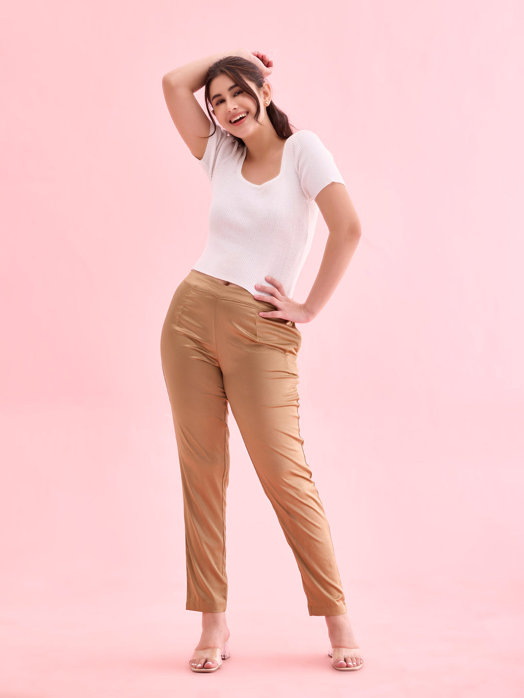 Go Colors Women Solid Mid Rise Deep Gold Shiny Pants - view 5