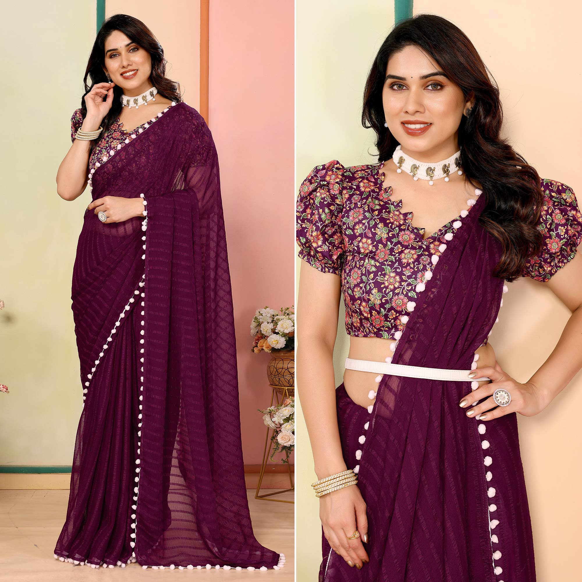 Peachmode Purple Woven Striped Pattern Georgette Saree