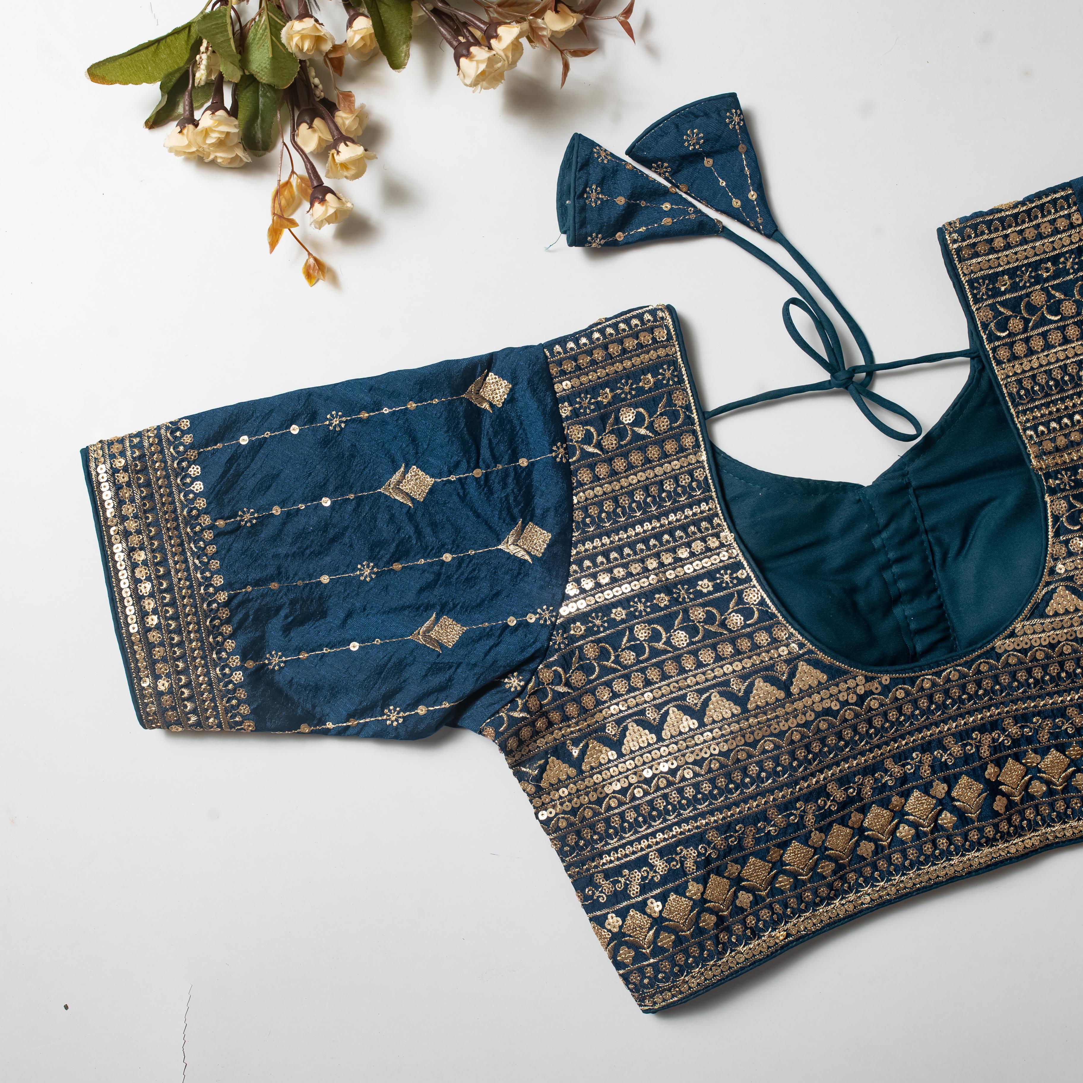 ClothsVilla Teal Blue Golden Embroidered Vibrant Silk Blouse with Sequins - view 2