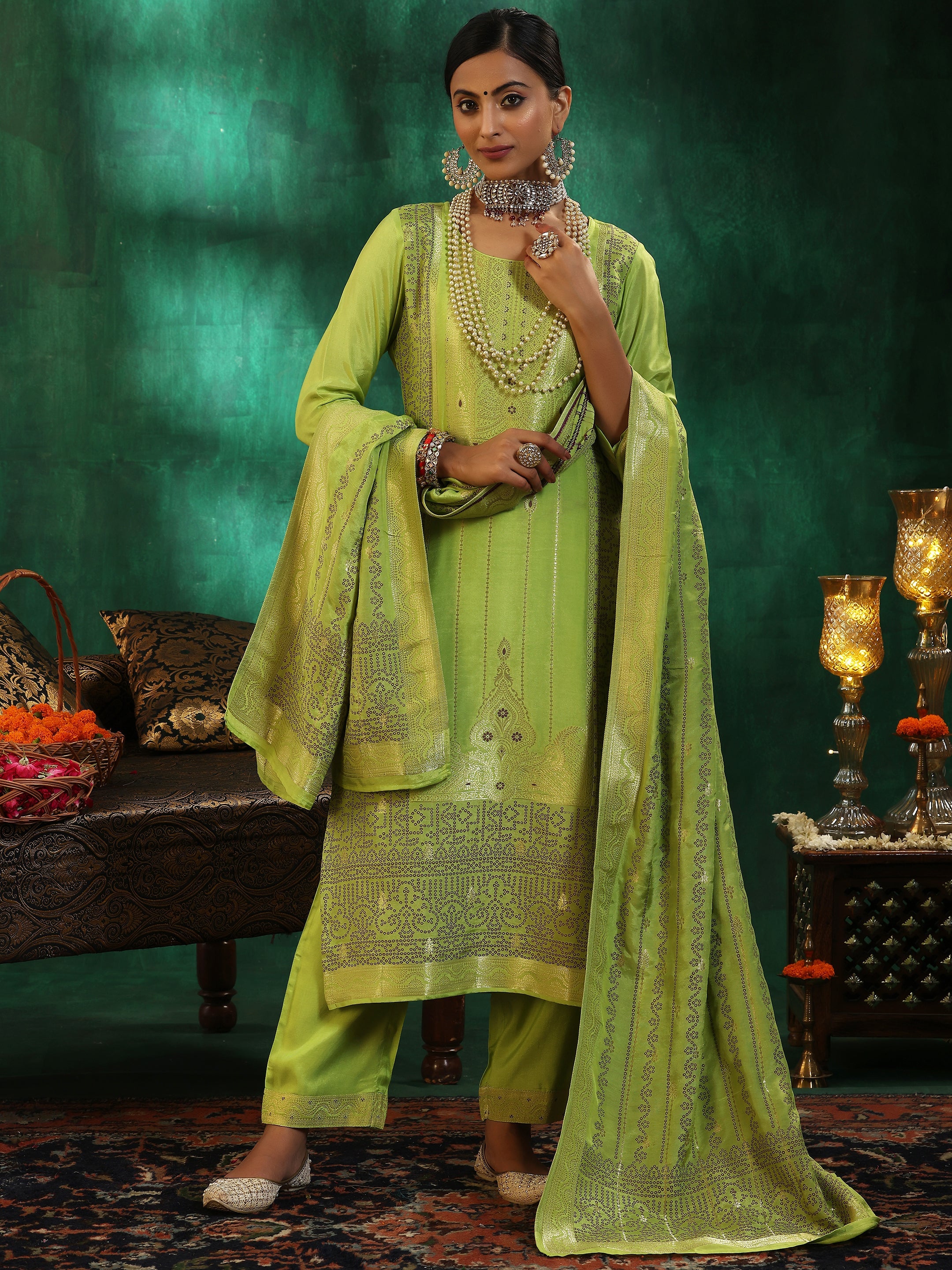 Libas Green Woven Design Silk Blend Straight Suit With Dupatta