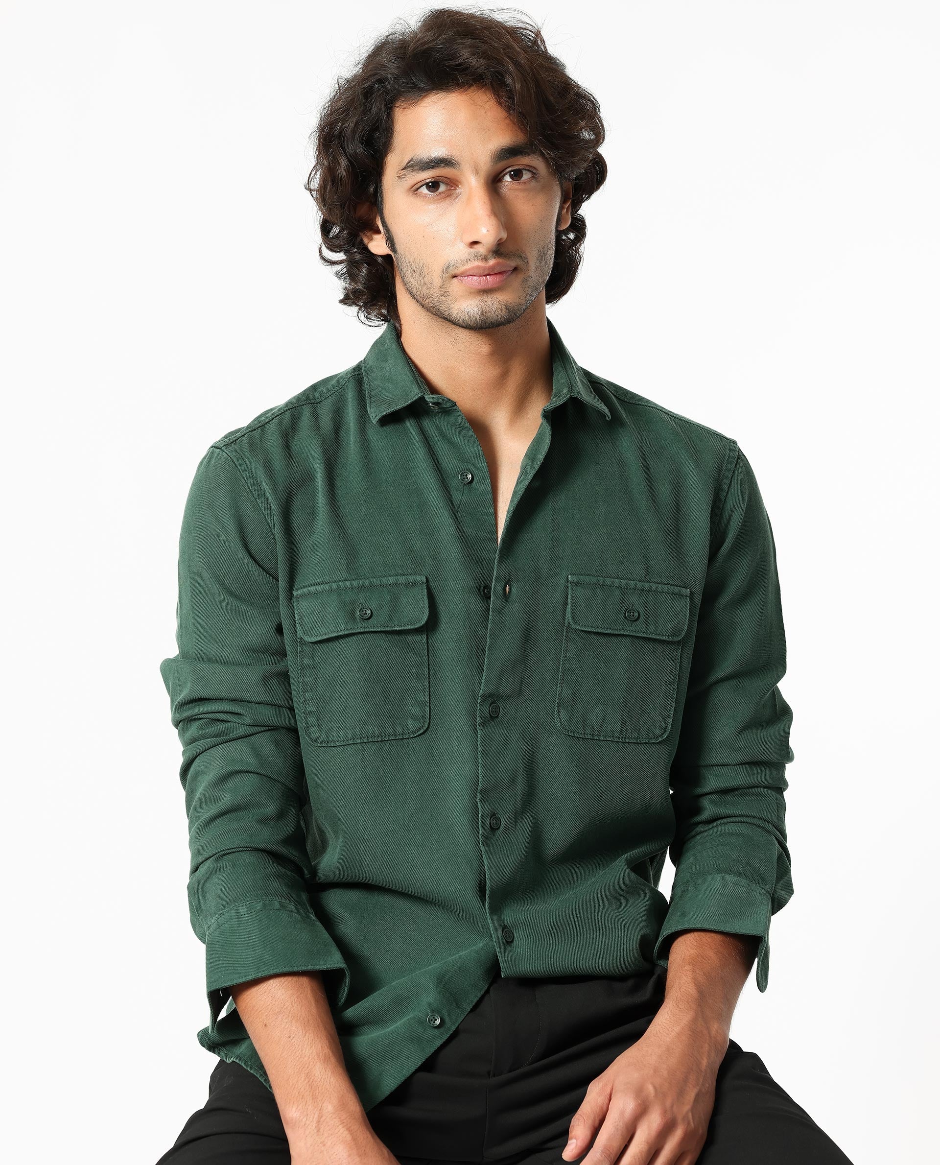 Rare Rabbit Men's Lyton Dark Green Cotton Fabric Full Sleeves Solid Twill Shirt