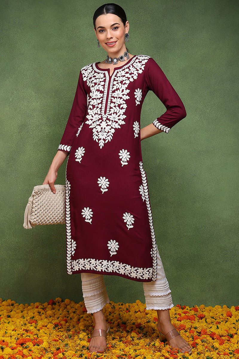 Ahika Burgundy Rayon Blend Solid Embroidered Straight Kurta VCK9770WIN