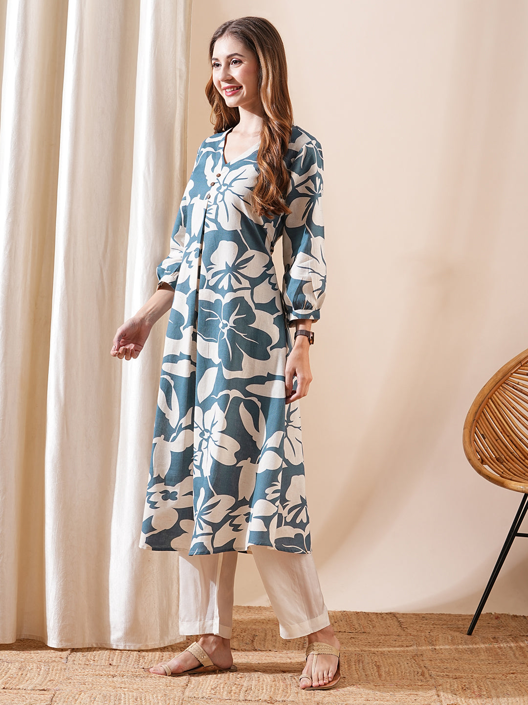 Fashor Abstract Printed A-Line Flared Kurta - Teal Blue - view 4