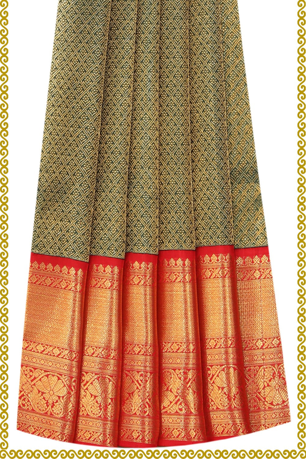 Kalanjali Kanchipattu Bottle Green Pavada Unstitched Set