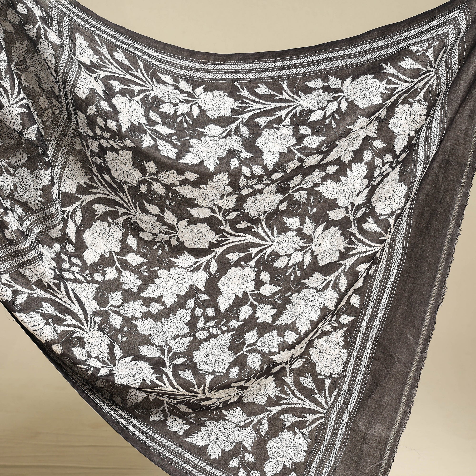 KHUSHBASH - HAPPY LOOM OF EAST Black - Bengal Kantha Embroidery Handloom Tussar Silk Saree - view 2