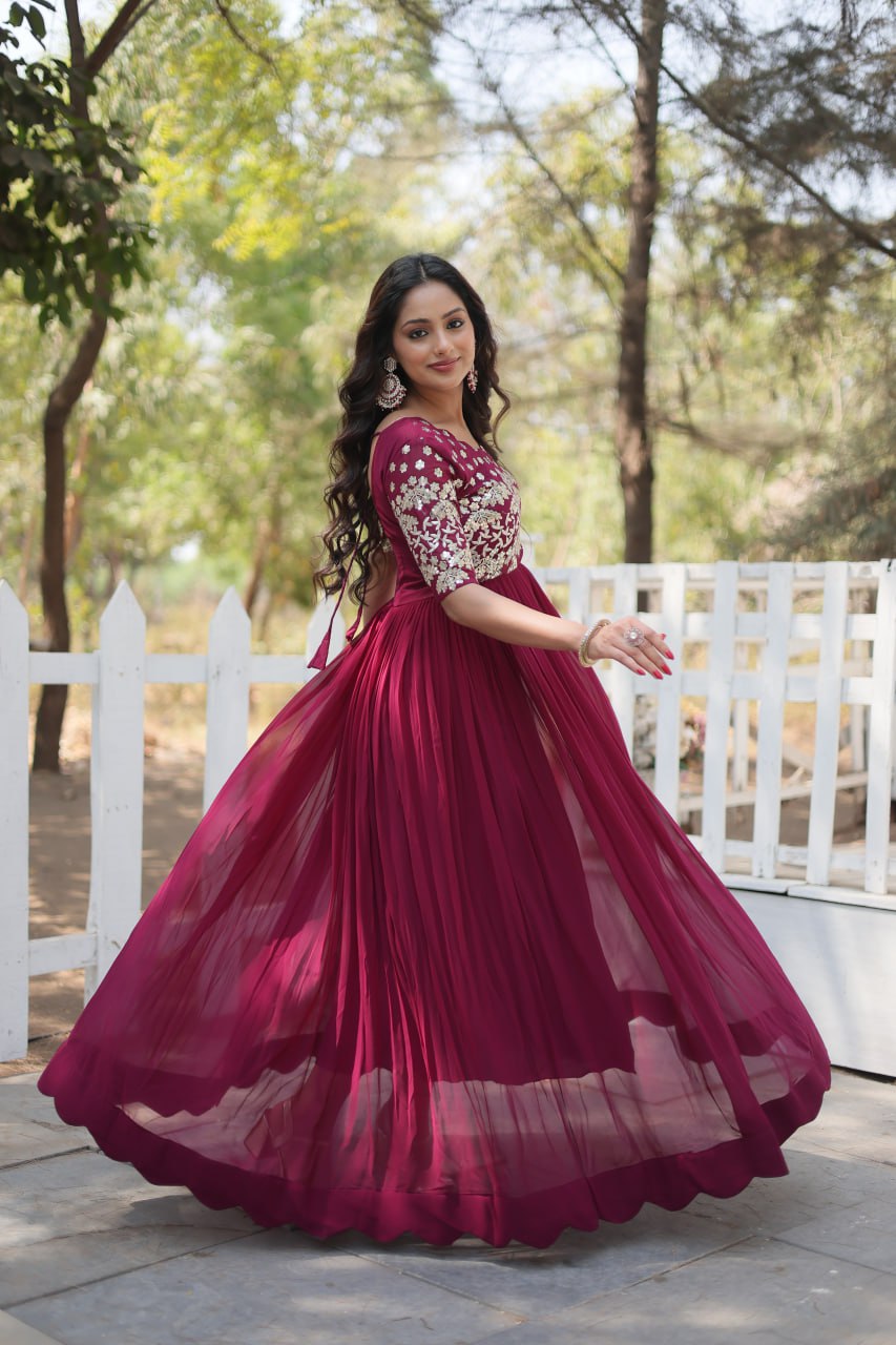 ClothsVilla Magenta Luxury Faux Blooming Designer Gown with Zari & Sequins Embroidery