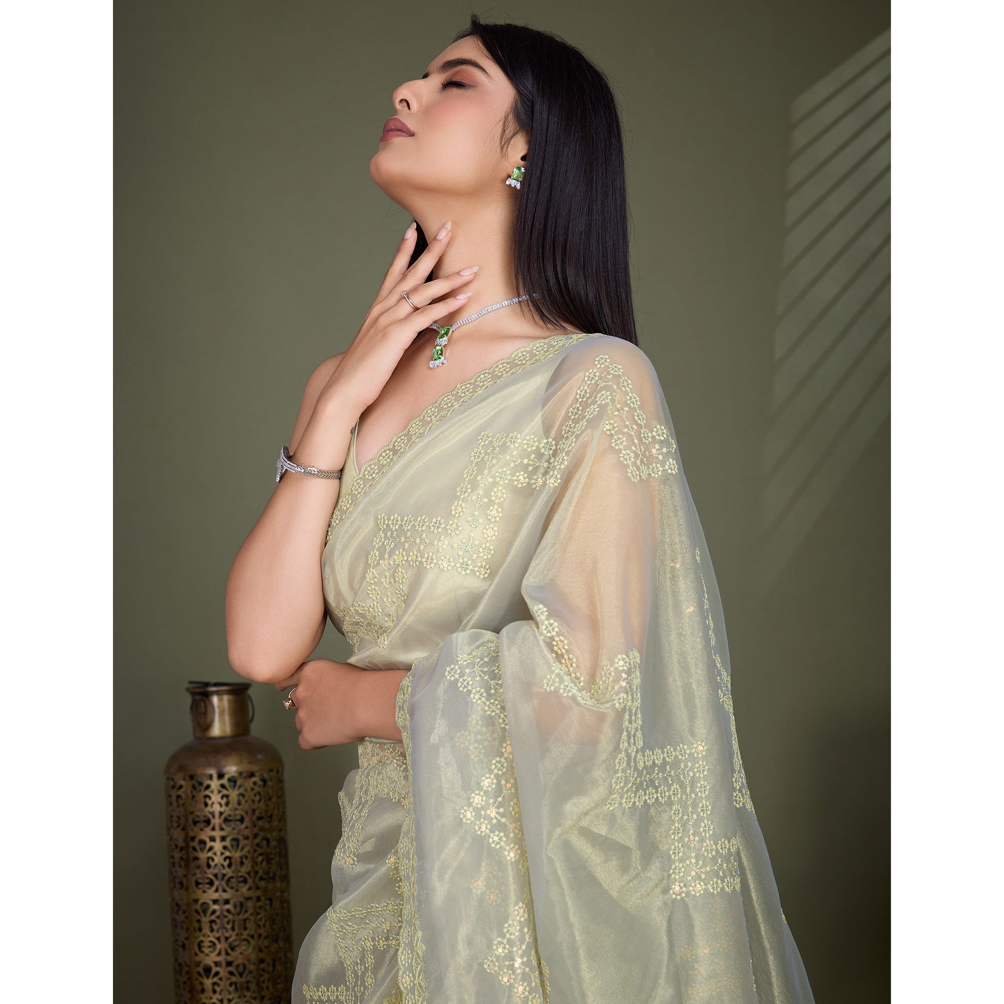 Peachmode Light Olive Green Sequins Embroidered Shimmer Net Saree - view 7