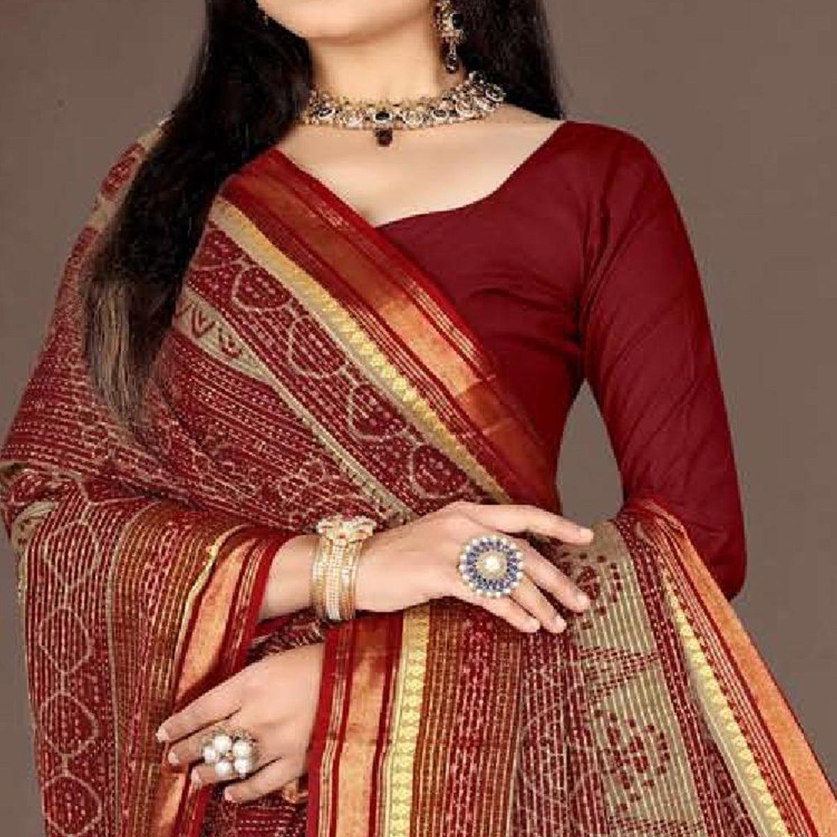 Peachmode Maroon Casual Wear Ikkat Printed Cotton Silk Saree - view 2