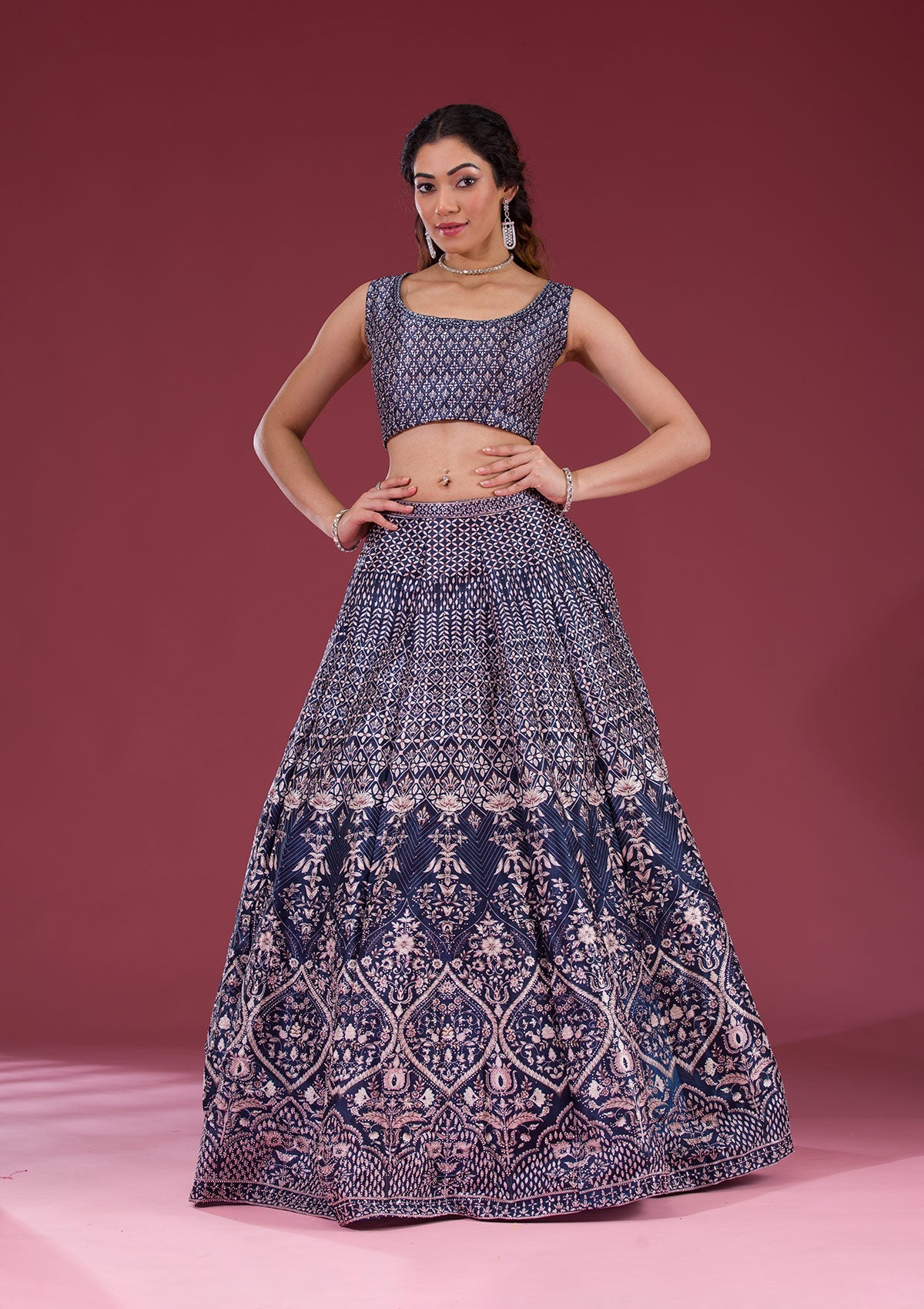 Koskii Navy Blue Silver Stonework Raw Silk Readymade Lehenga - view 4