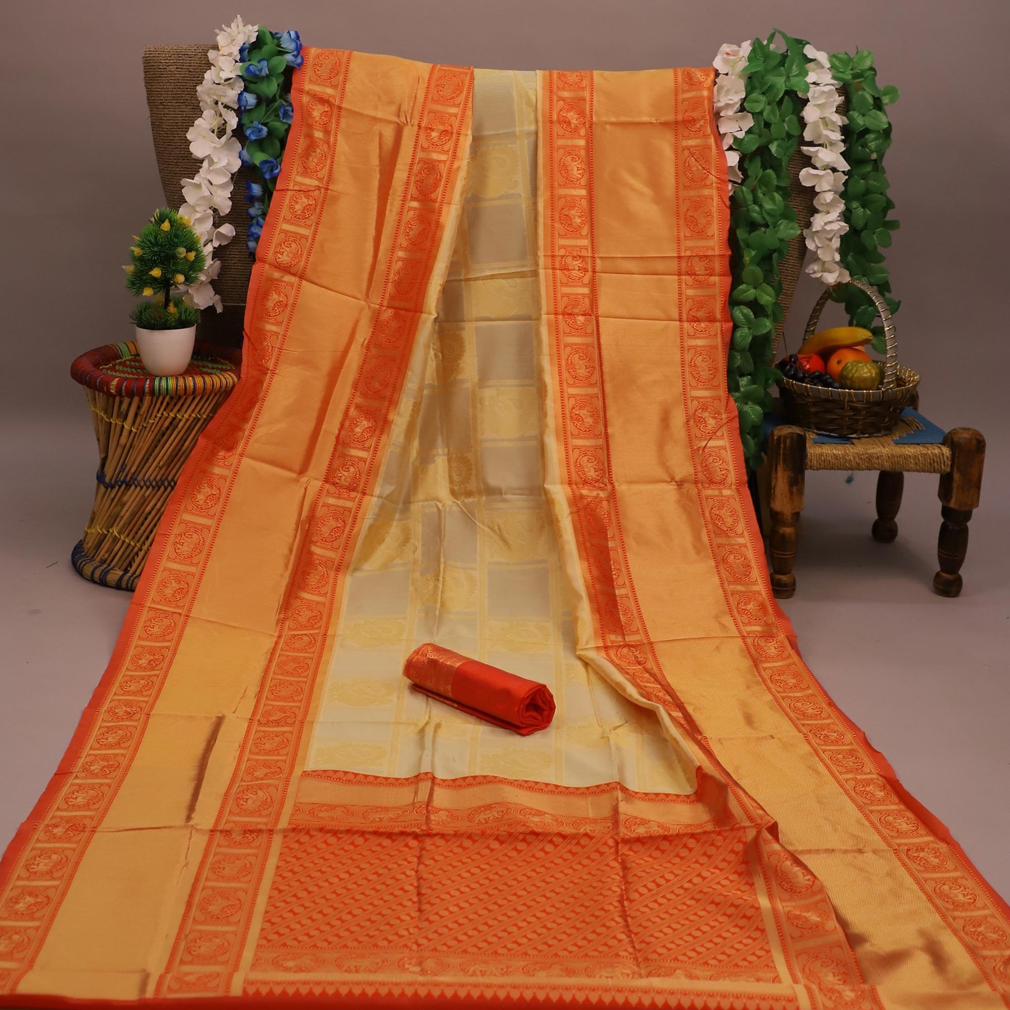 Peachmode Mesmerising Cream Colored Festive Wear Woven Soft Silk Saree