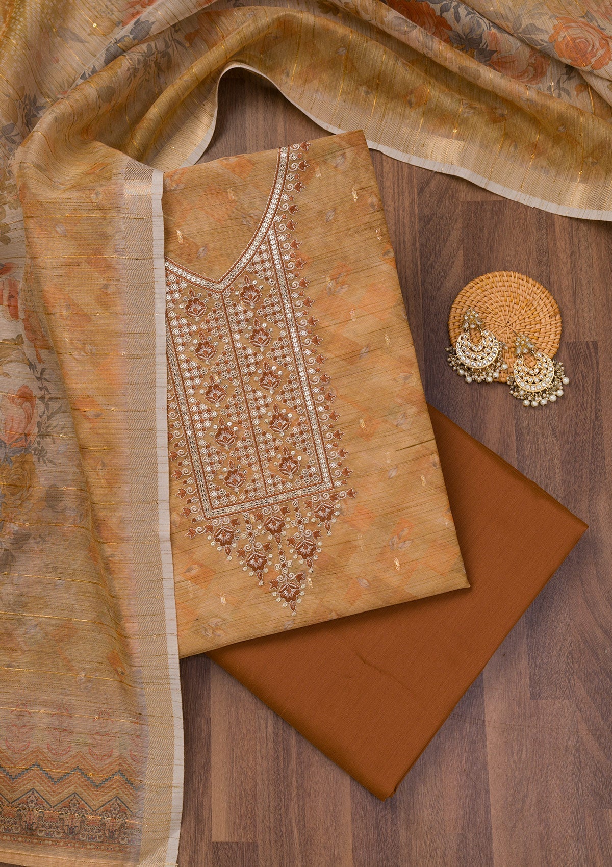 Koskii Mehendi Printed Raw Silk Unstitched Salwar Suit