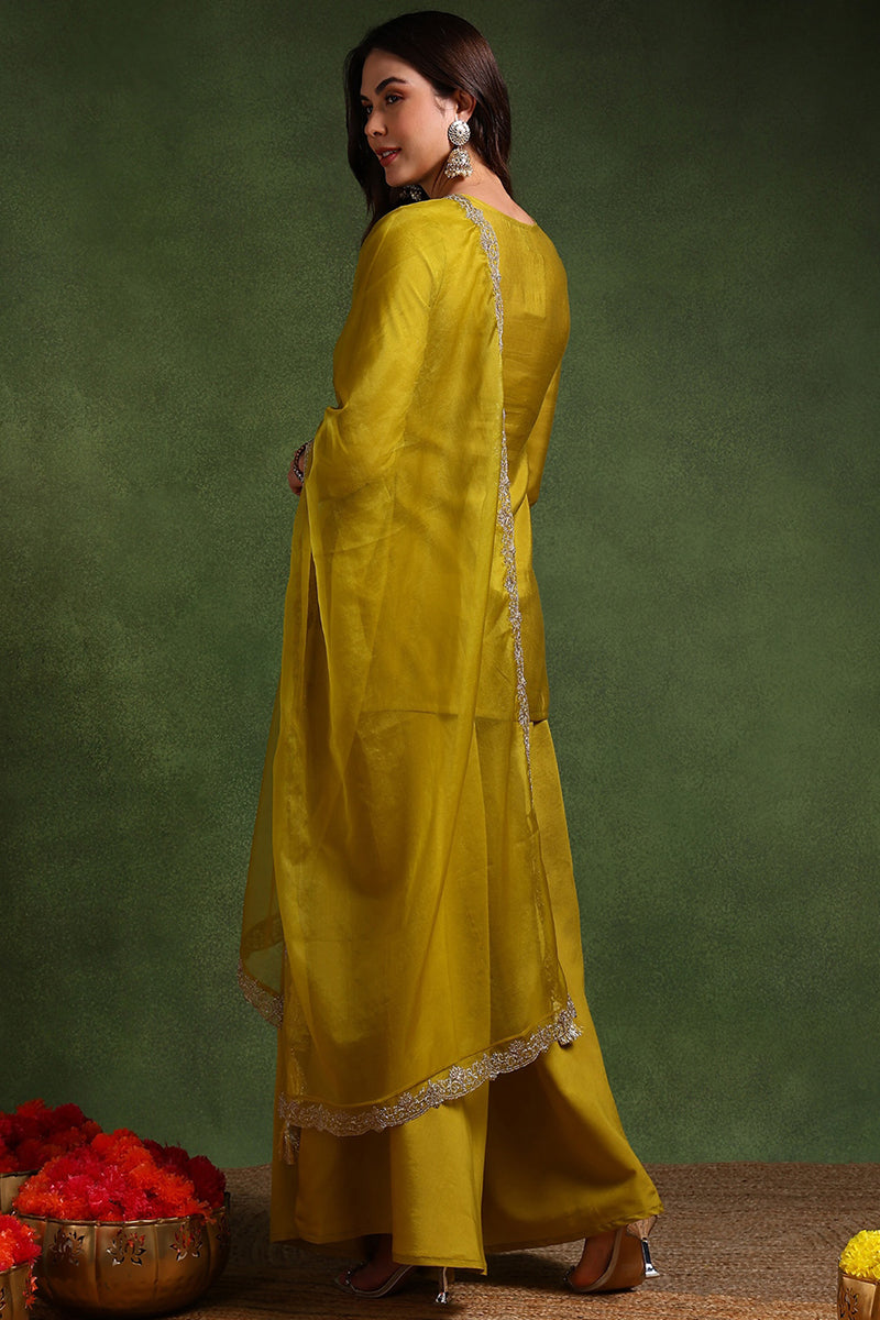Ahika Lime Green Silk Blend Embroidered Straight Palazzo Suit Set PKSKD2609 - view 5
