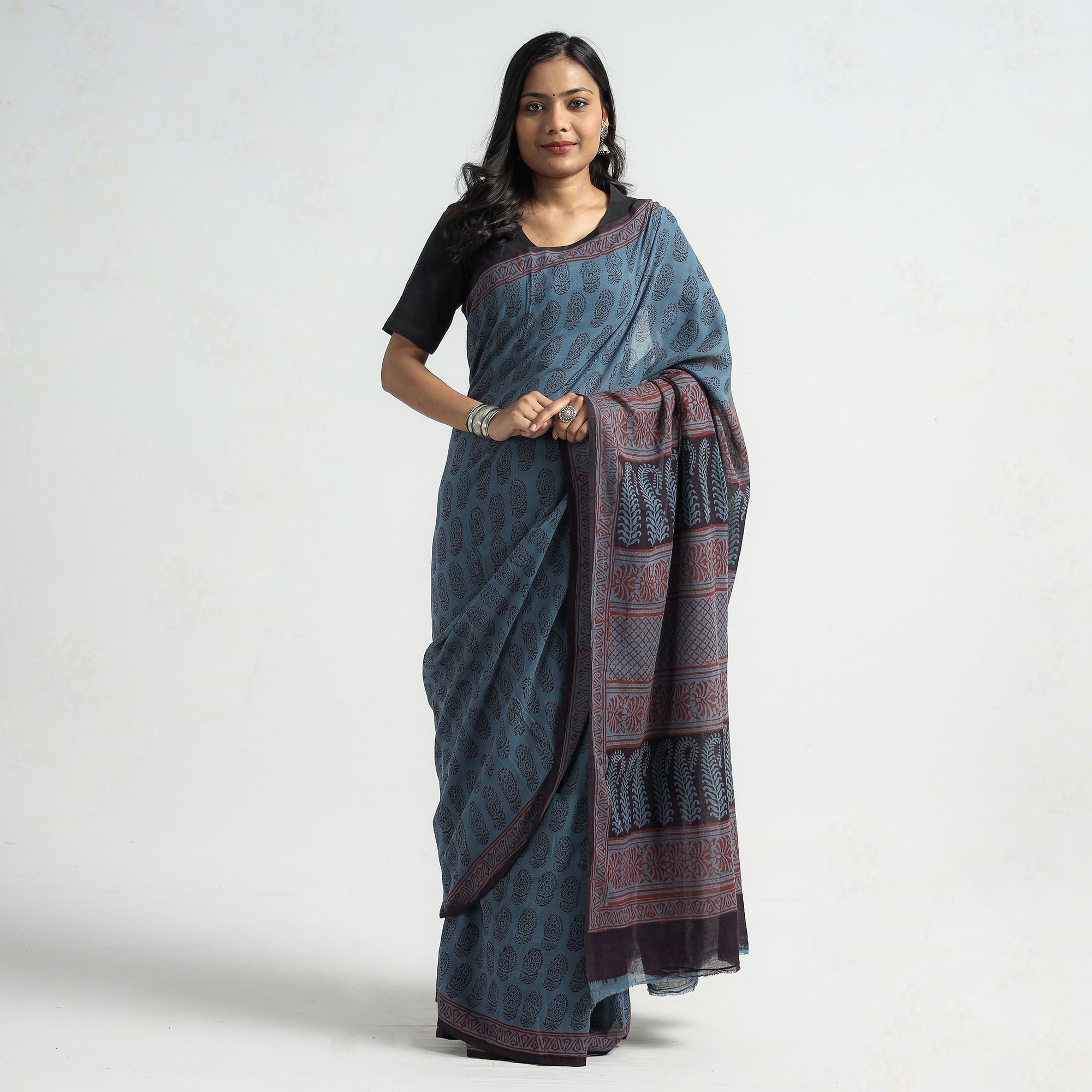 BAGH PRINTS BY YAKOOB KHATRI Blue - Bagh Hand Block Printed Cotton Saree