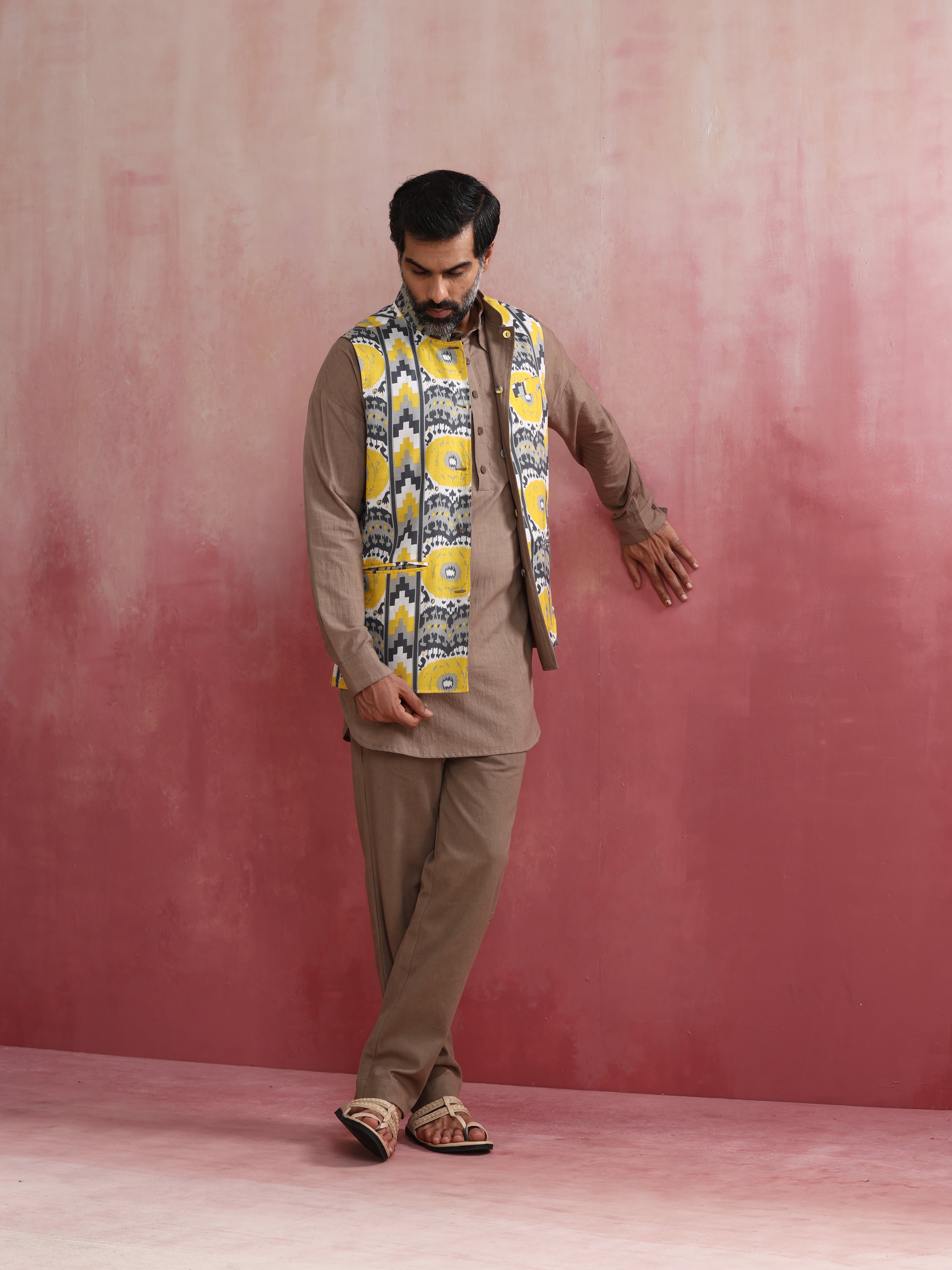 trueBrowns Men's Beige Ikat Reversible Nehru Jacket - view 8