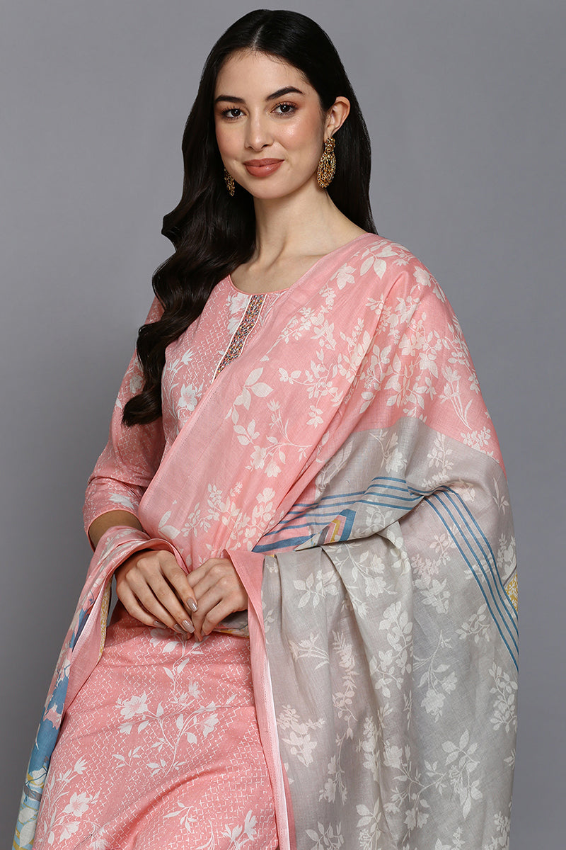 Ahika Peach Cotton Blend Ethnic Motifs Straight Suit Set VKSKD1879 - view 2