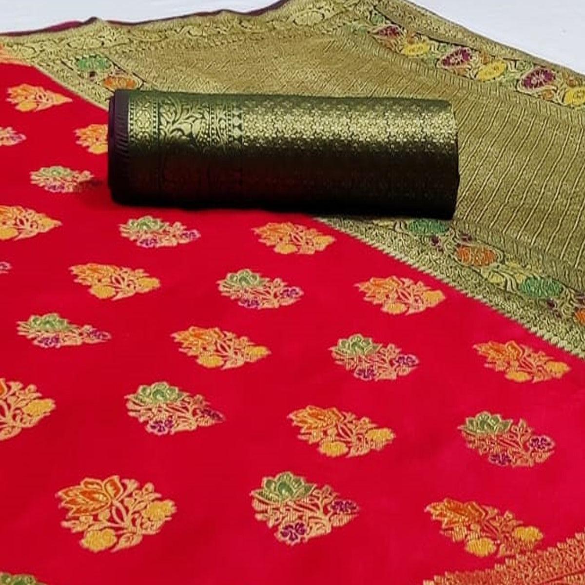 Peachmode Classy Red Colored Festive Wear Woven Silk Saree - view 3