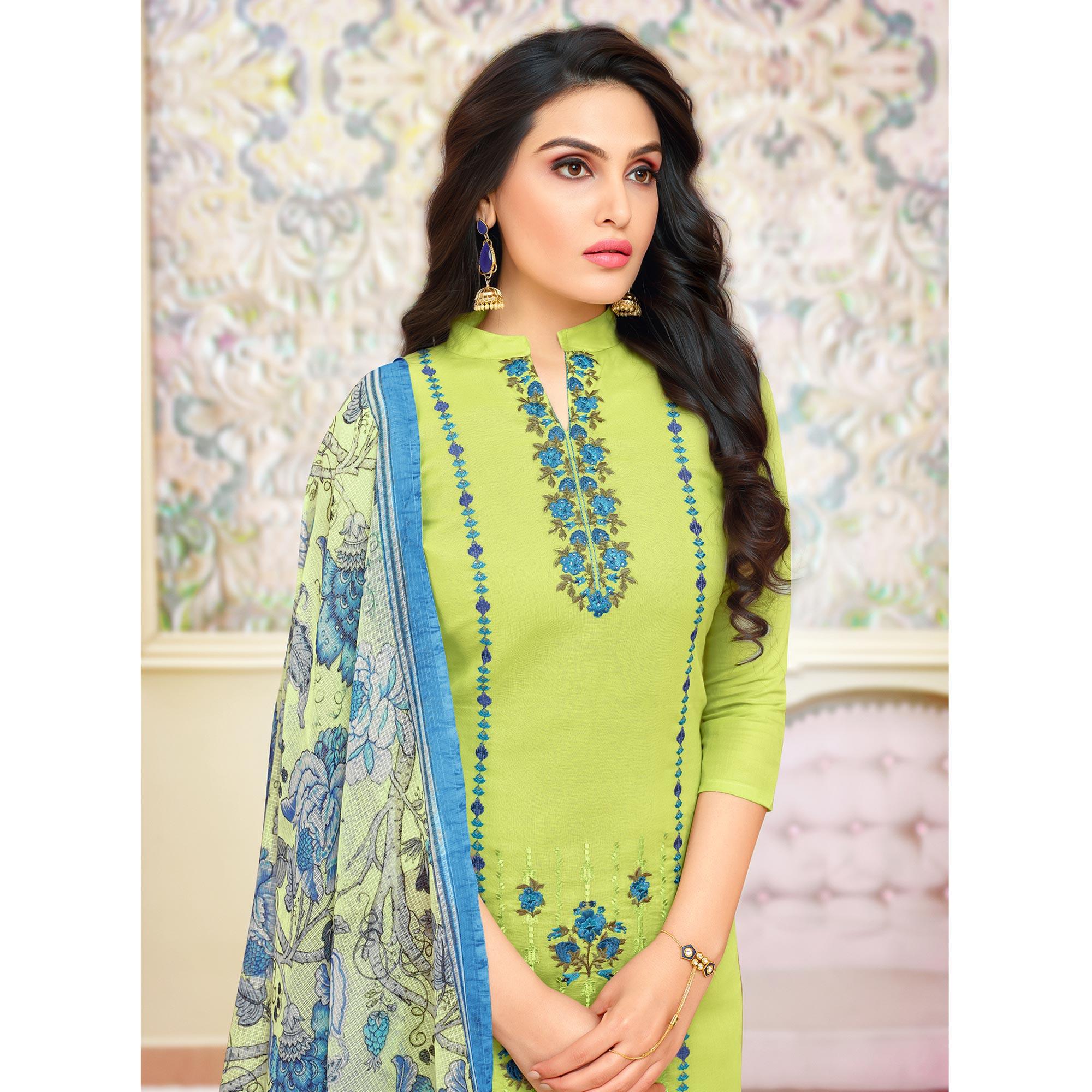 Peachmode Hypnotic Green Colored Partywear Embroidered Modal Silk Suit - view 2