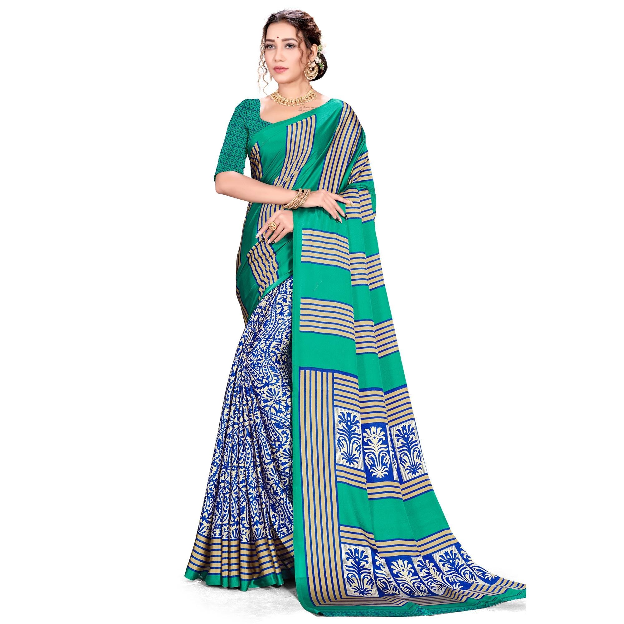 Peachmode Eye-catching Green Colored Festive Wear Printed Satin Crepe Saree