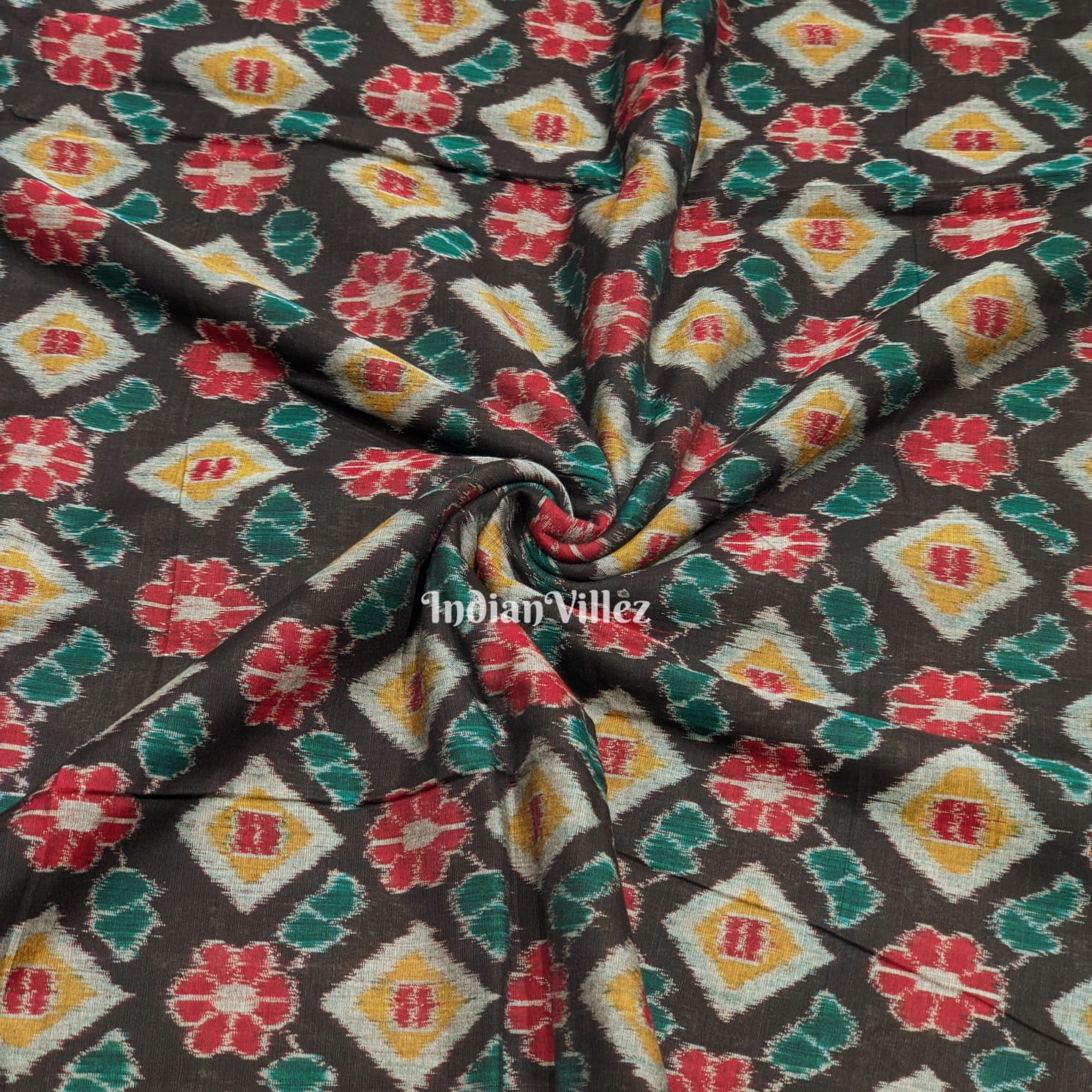 IndianVillèz Black Flower Design Sambalpuri Cotton Fabric