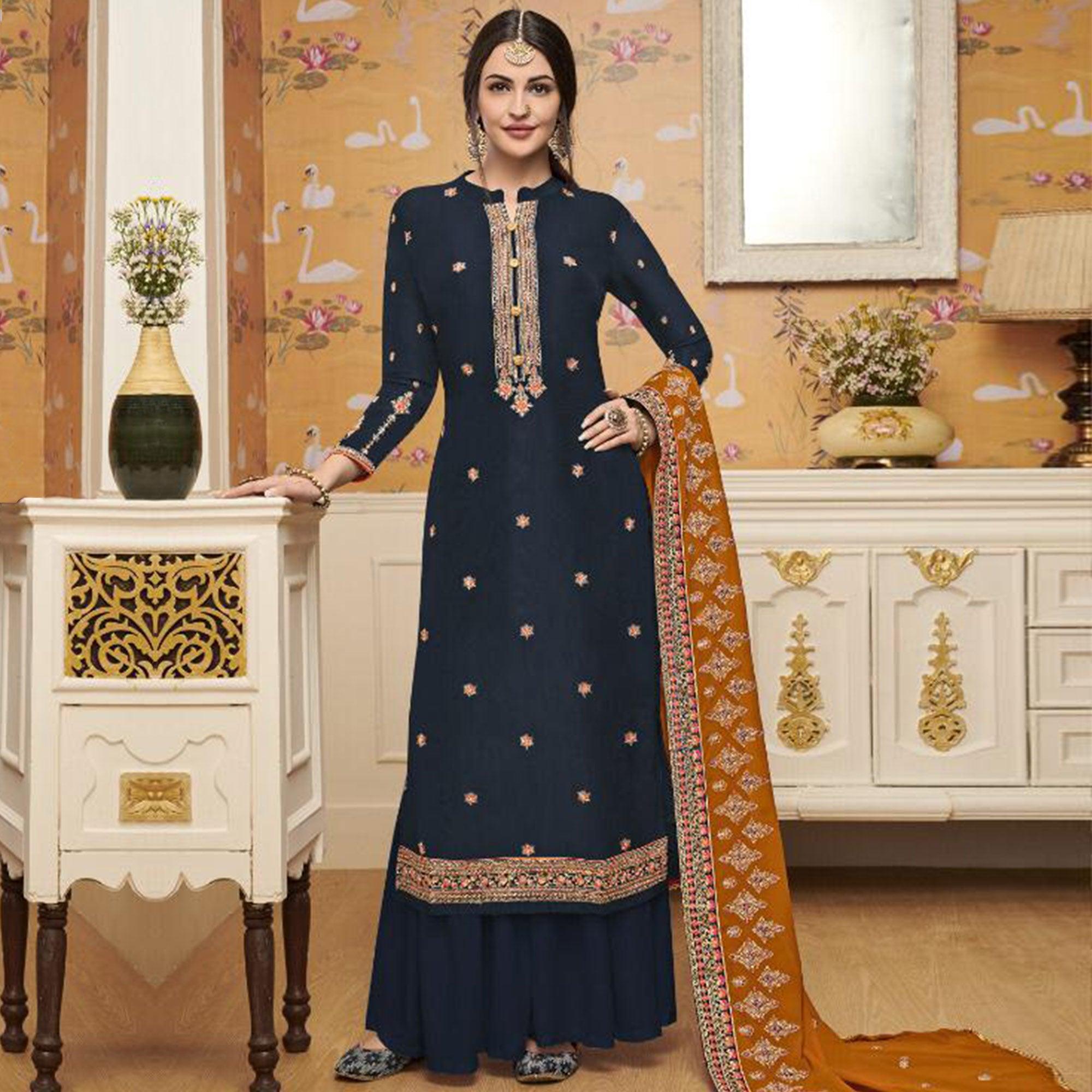 Peachmode Majesty Navy Blue Colored Partywear Embroidered Crepe Palazzo Suit
