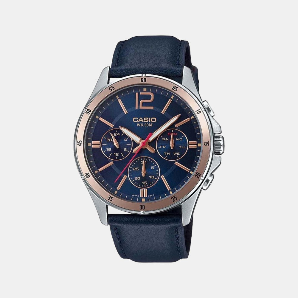 Casio Enticer Men Quartz Blue Dial Chronograph Leather Watch A1889