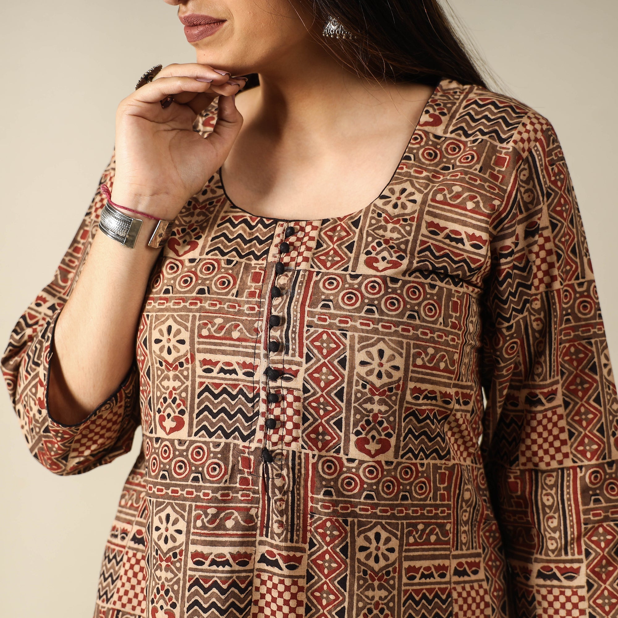 ITOKRI CASUALS Brown - Ajrakh Block Printed Cotton Long Kurta - view 5