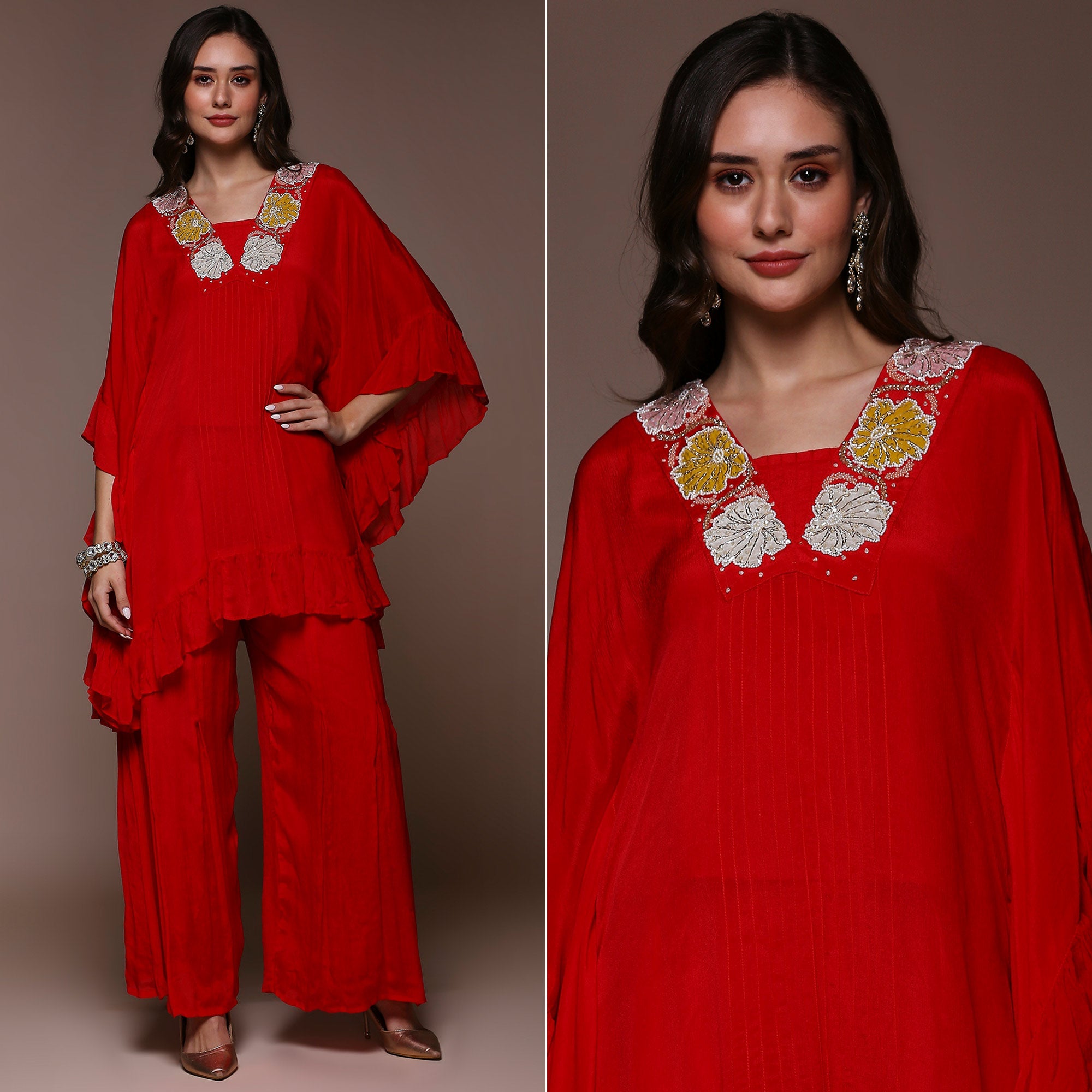 Peachmode Crimson Red Embroidered Kaftan Style Chinon Co-Ord Set