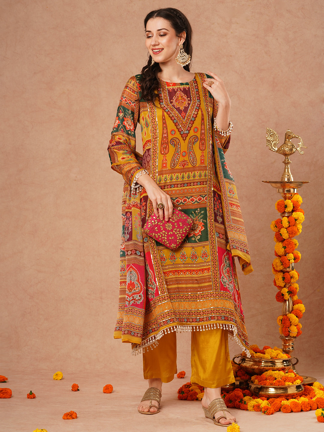 FASHOR Ethnic Floral Printed & Embroidered A-Line Kurta with Palazzo & Dupatta - Mustard