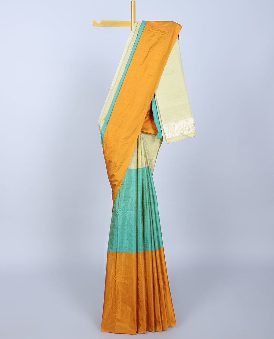 Pothys Borderless multi-color arani gift saree with checks & stripes, self-pallu of stripes