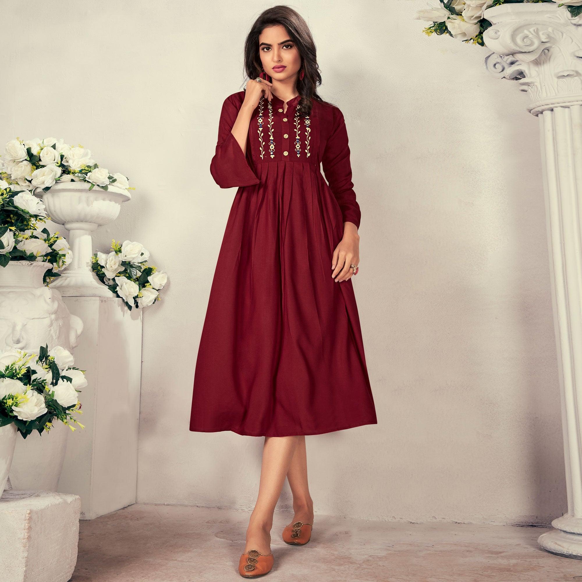 Peachmode Seller Maroon Casual Wear Embroidered Rayon Maternity Kurti - view 3