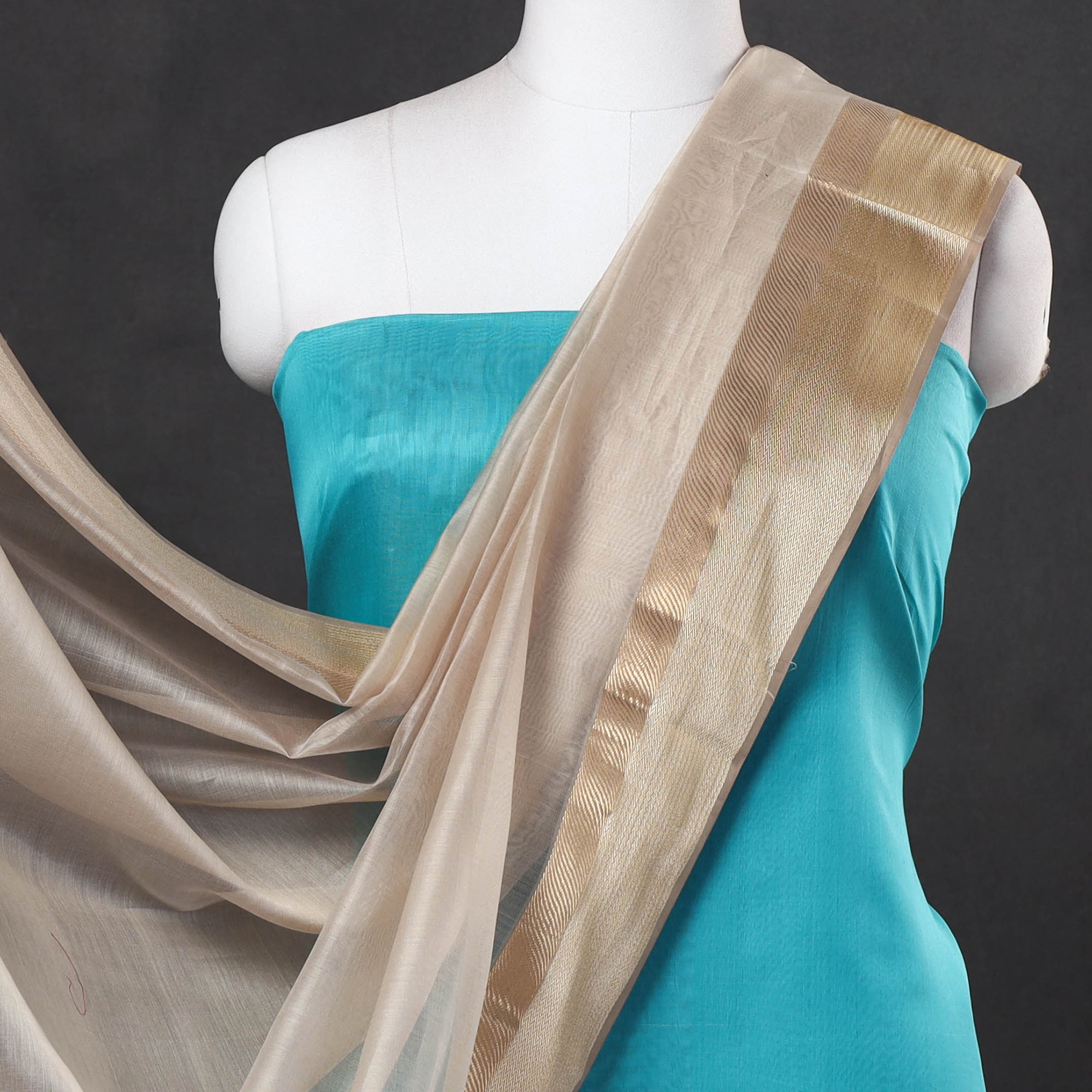 ITOKRI CRAFTS INITIATIVE Blue - 2pc Maheshwari Silk Handloom Suit Material Set with Resham Zari Border - view 3