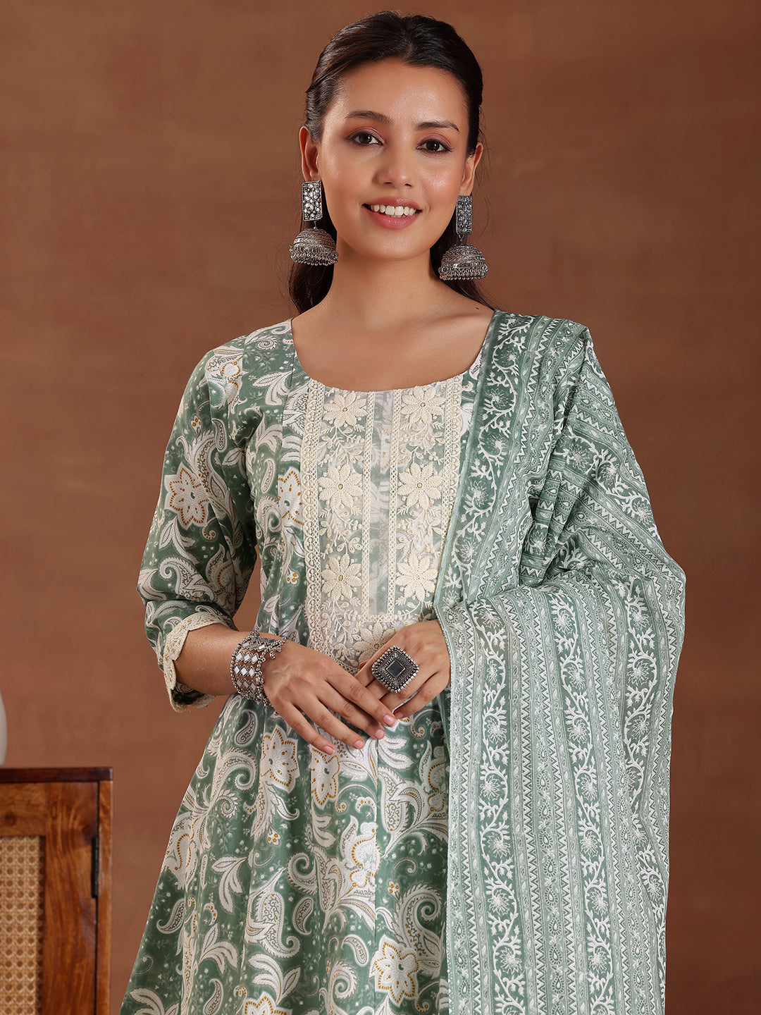 Libas Green Printed Cotton Anarkali Suit With Dupatta - view 8