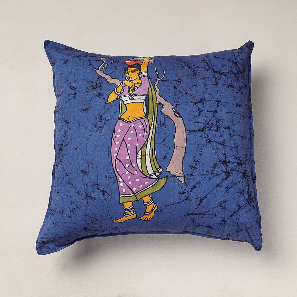 KACHCHH JI CHHAAP Blue - Hand Batik Printed Pure Cotton Cushion Cover (18 x 18 in)