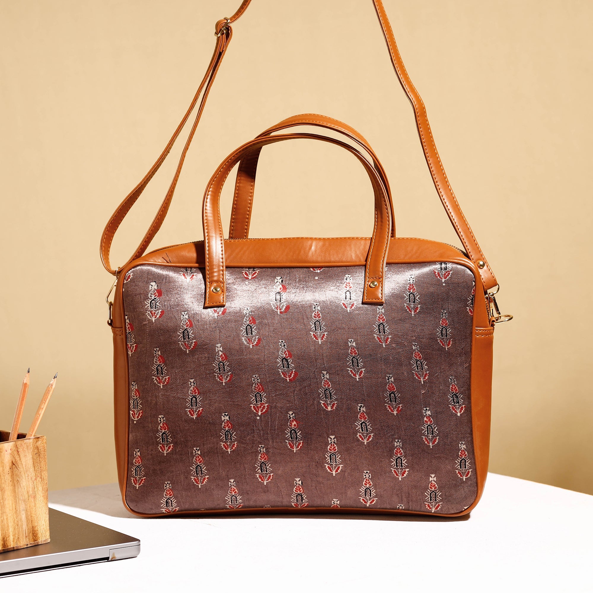 ITOKRI CRAFTS INITIATIVE Brown - Handcrafted Ajrakh Block Printed Modal Silk Laptop Bag (15 x 13 in) - view 2