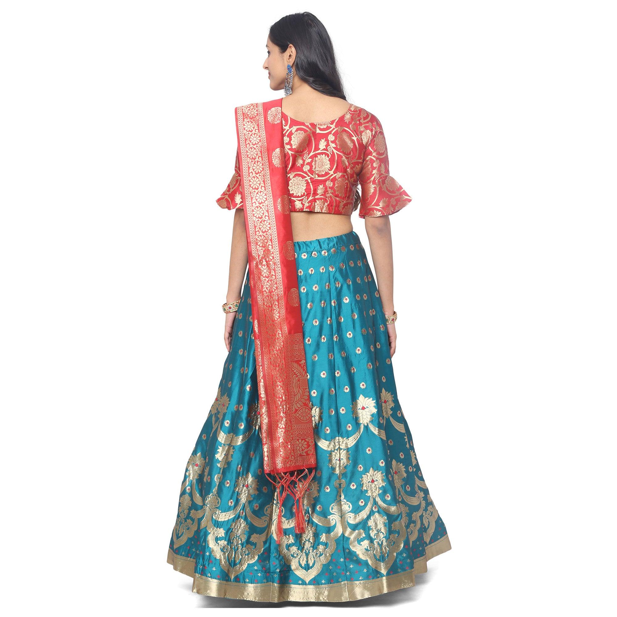 Peachmode Blue-Red Festive Wear Woven Jacquard Lehenga Choli - view 5