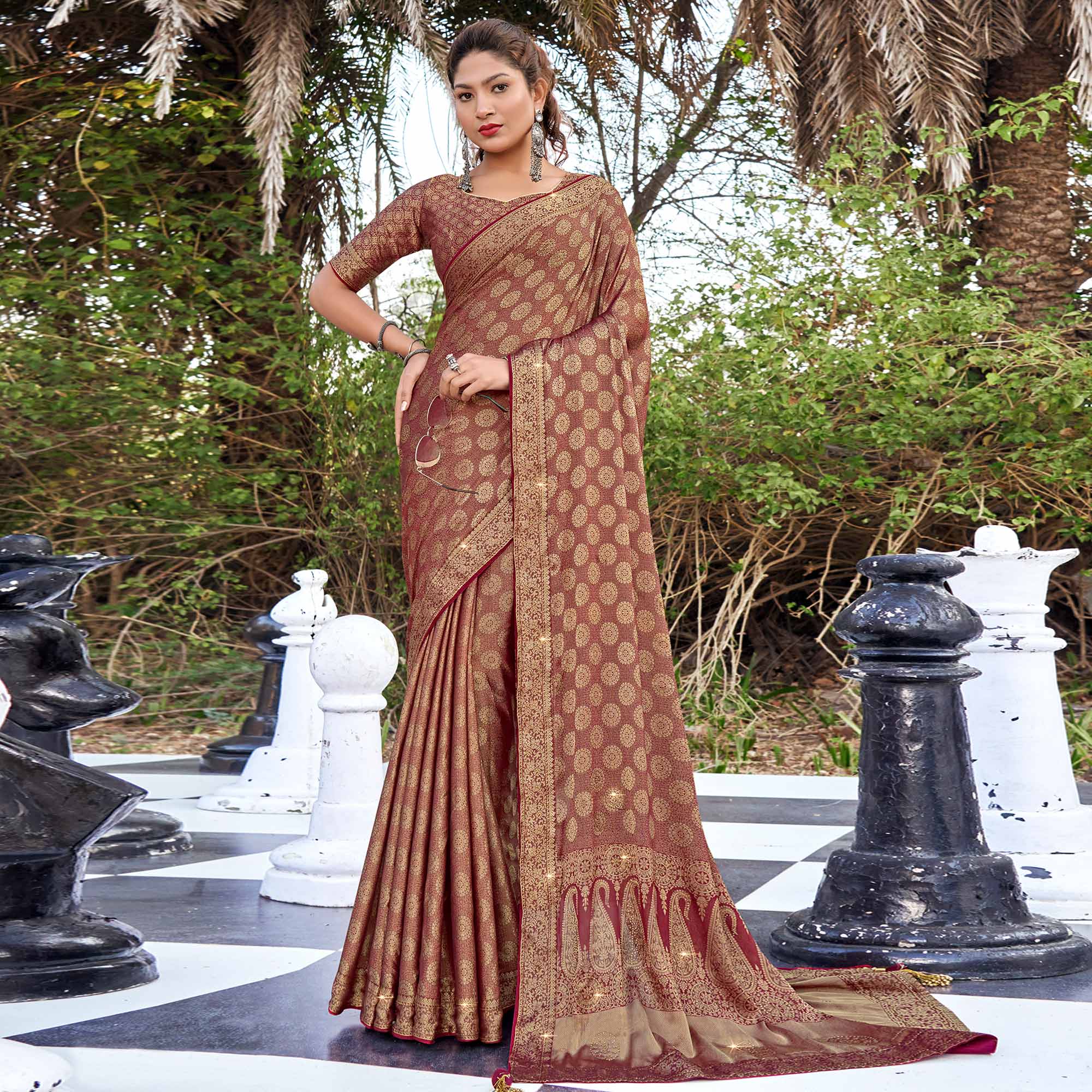 Peachmode Maroon Woven With Swarovski Work Pure Silk Saree