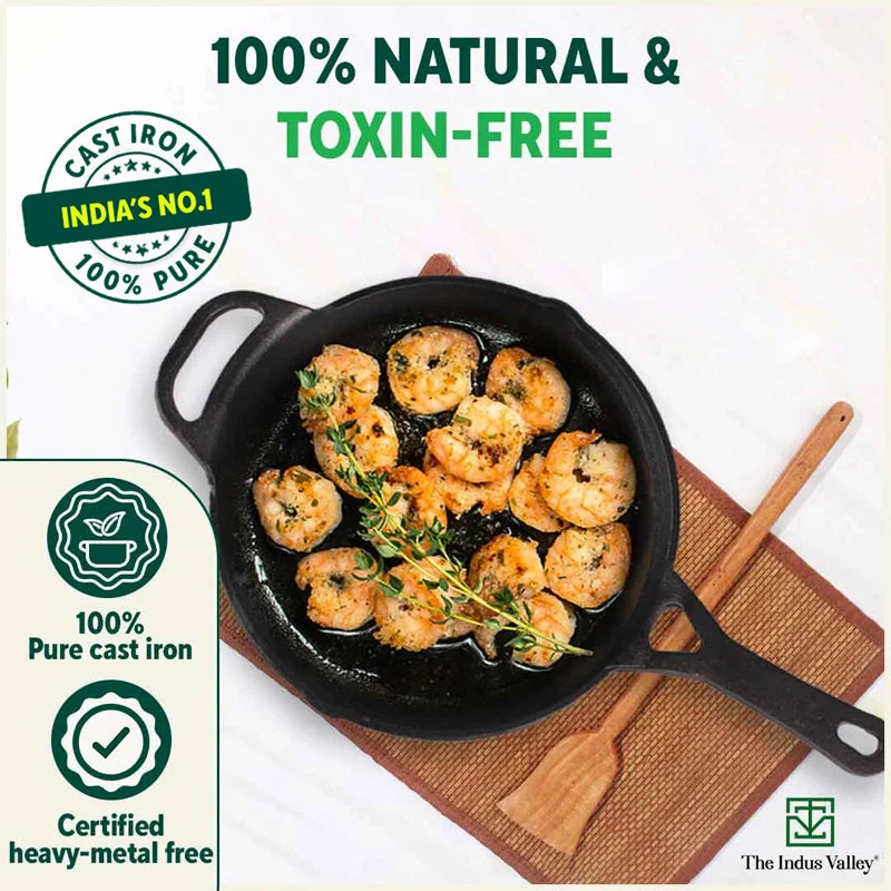 The Indus Valley CASTrong Cast Iron Fry Pan/Skillet + Free ₹110 Spatula, Pre-seasoned, Nonstick, 100% Pure, Toxin-free, Induction, 25.4cm, 1.7L, 2.3kg - view 5