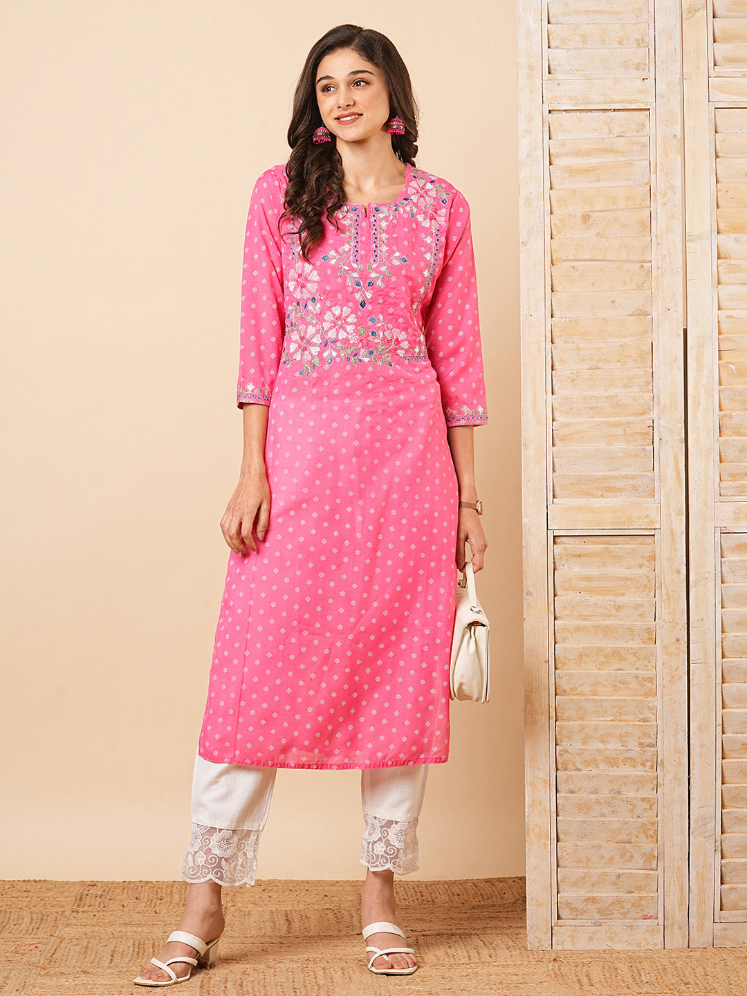 FASHOR Ethnic Khari Printed & Embroidered Straight Fit Kurta - Pink