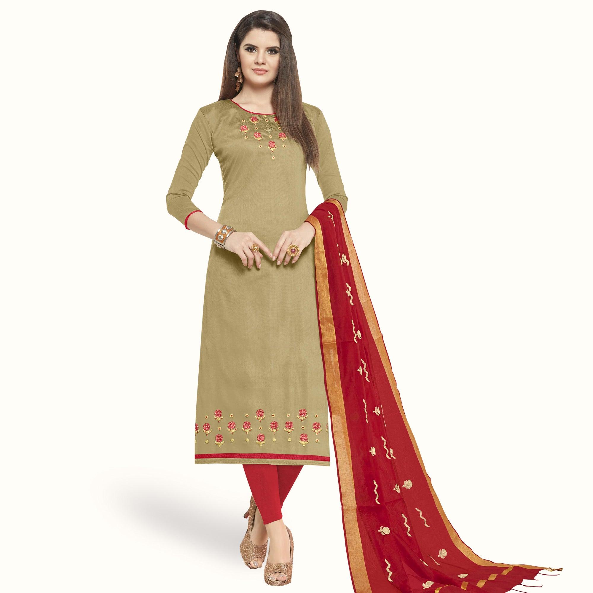 Peachmode Mesmeric Chiku Colored Casual Wear Embroidered Cotton Dress Material