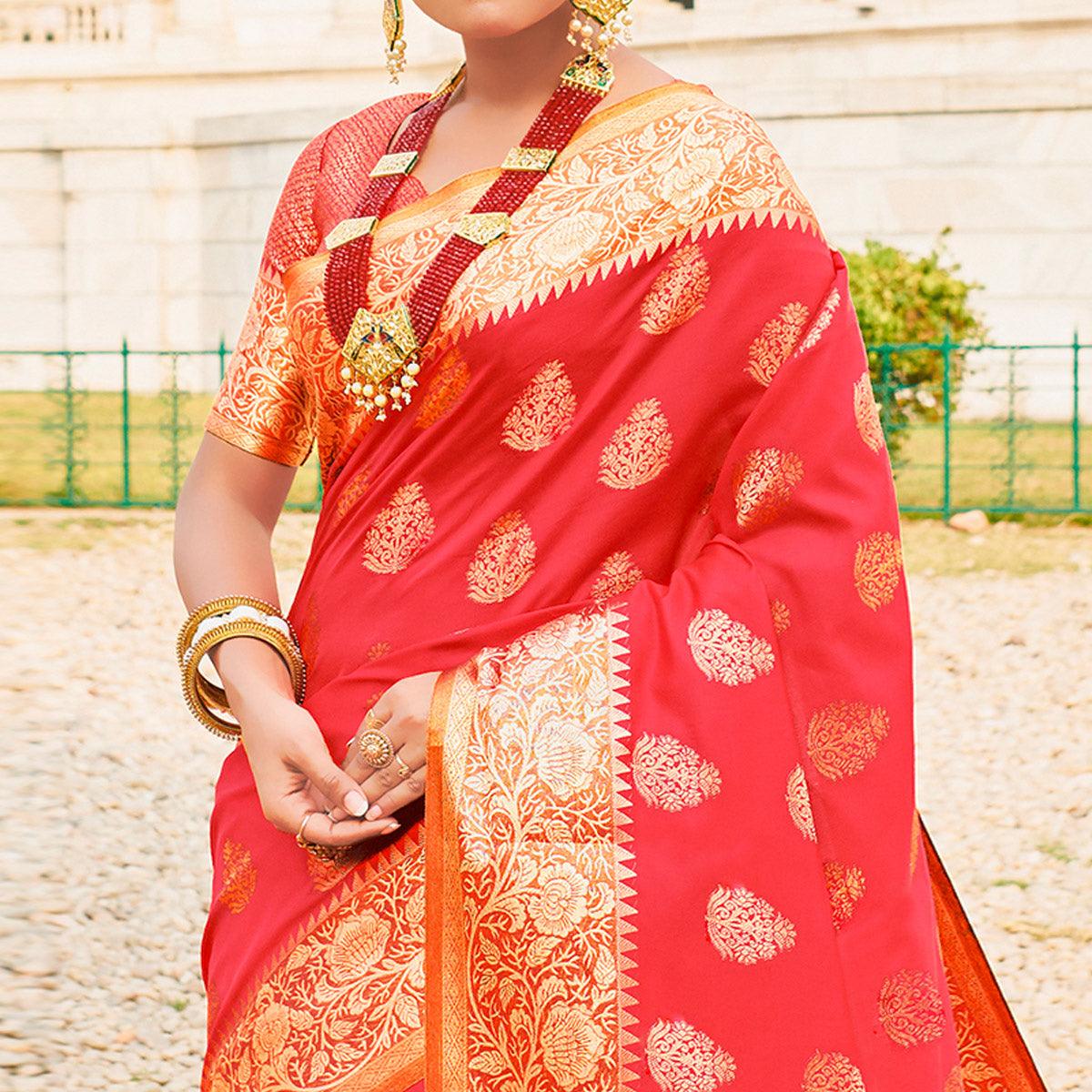 Peachmode Classy Red Colored Festive Wear Woven Silk Sareee - view 2