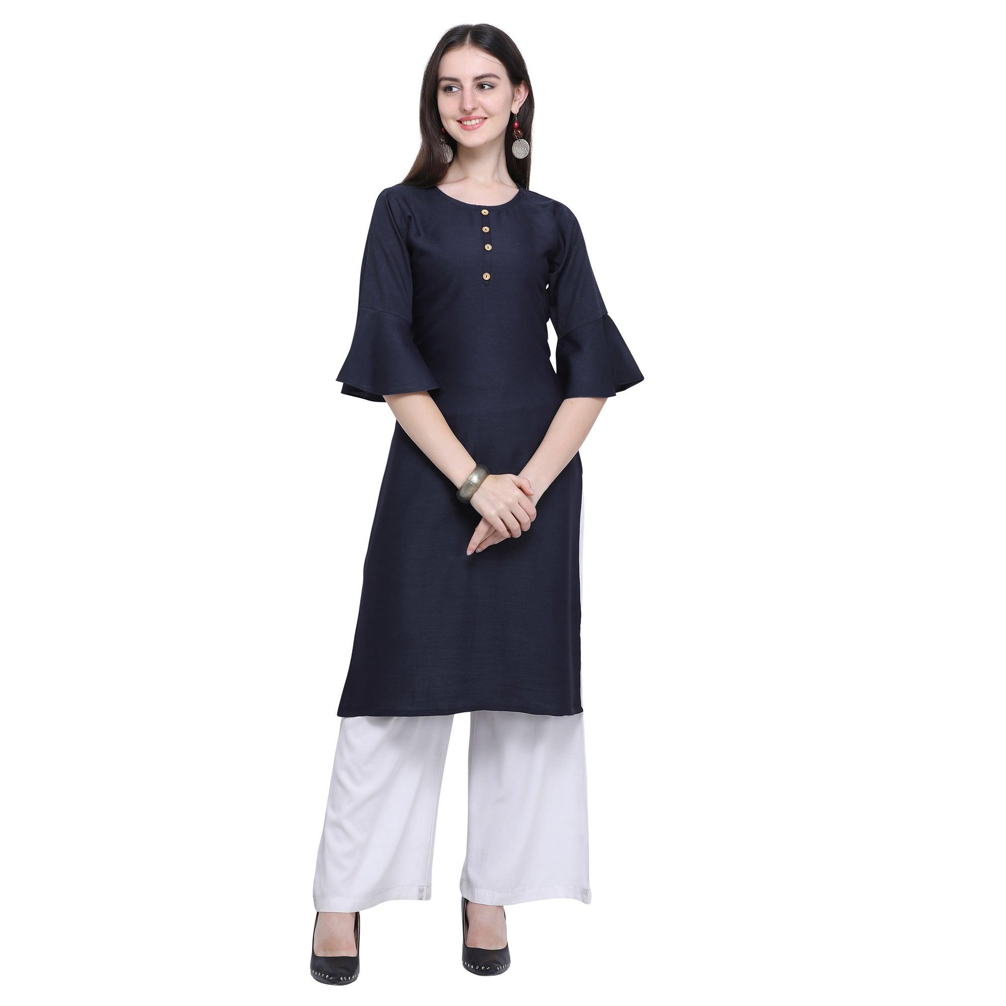 Peachmode Seller Exotic Navy Blue Colored Casual Wear Embroidered Rayon Kurti-Palazzo Set