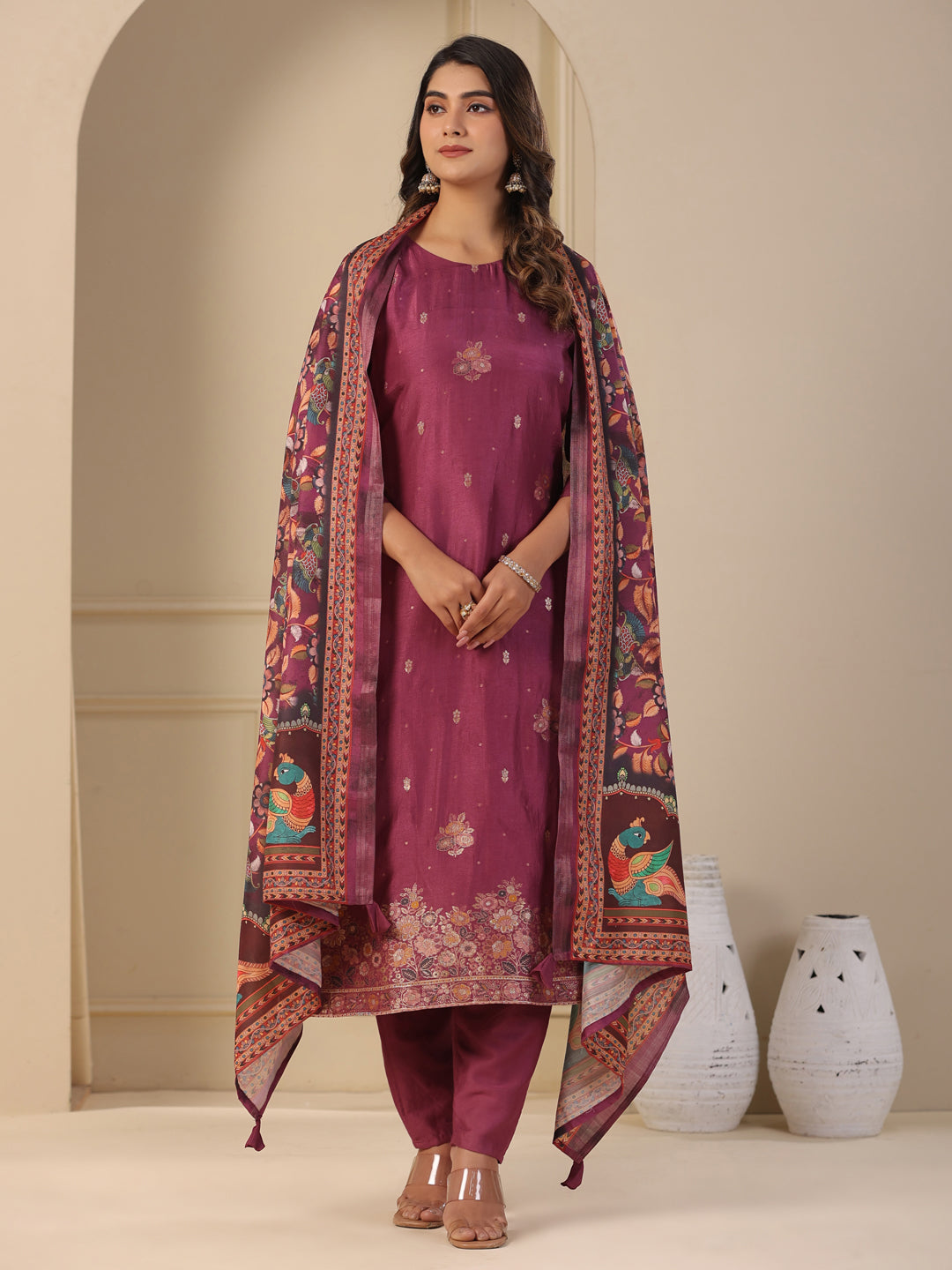 Fashor Ethnic Jacquard Woven Straight Kurta with Pant & Dupatta - Purple - view 4
