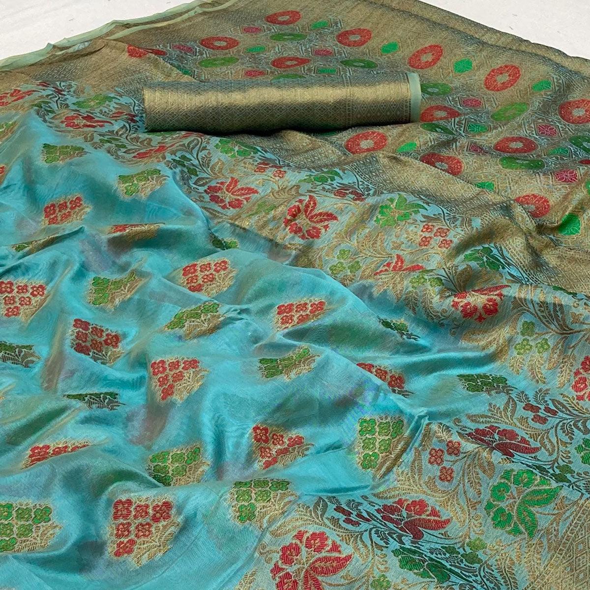 Peachmode Blue Woven Organza Saree – Women's - view 2