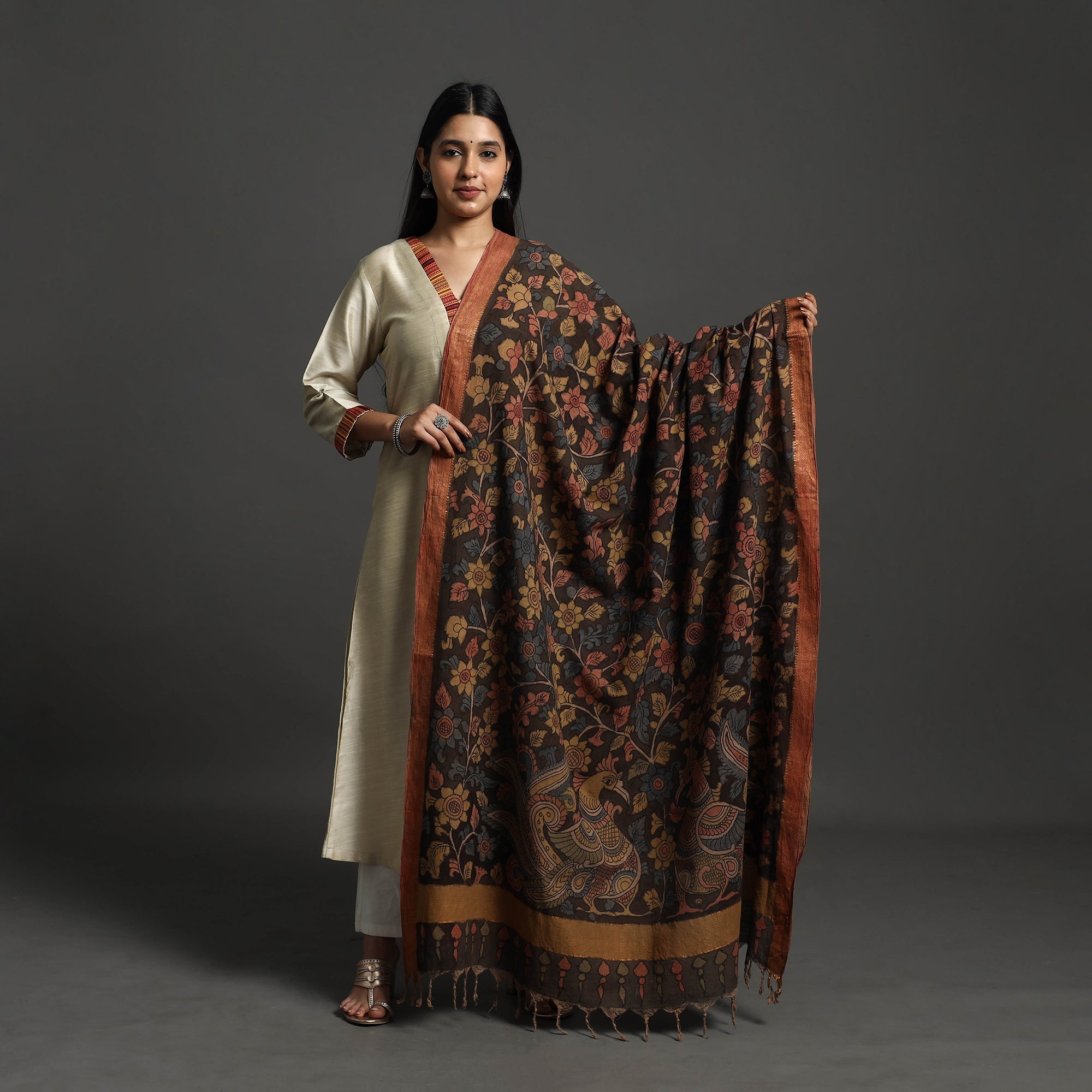 SOUTH KARGHA Brown - Mangalagiri Cotton Handpainted Pen Work Kalamkari Dupatta 11 - view 2